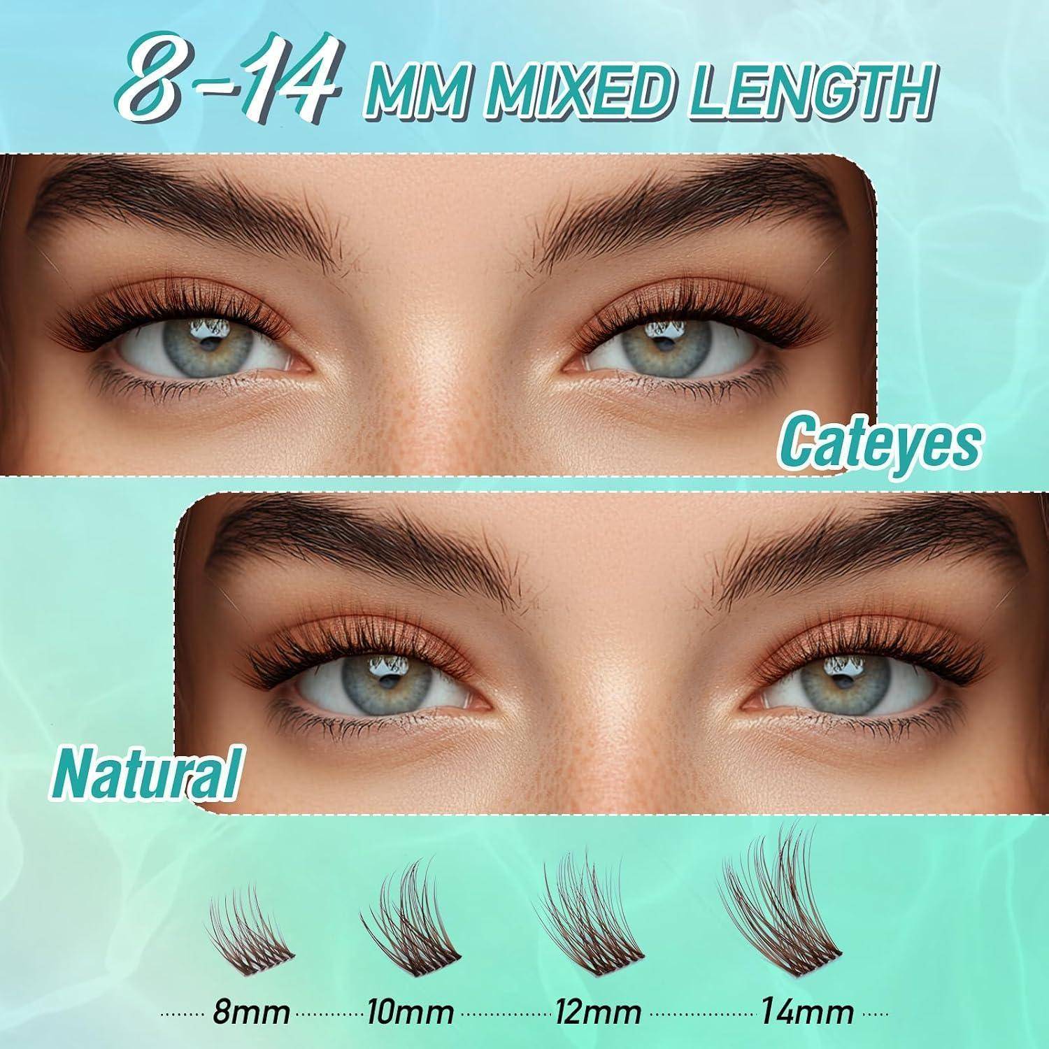 Werbegrafik, die verschiedene Wimpernverlängerungsstile auf den Augen eines Models zeigt, mit den Bezeichnungen „8-14 mm gemischte Länge