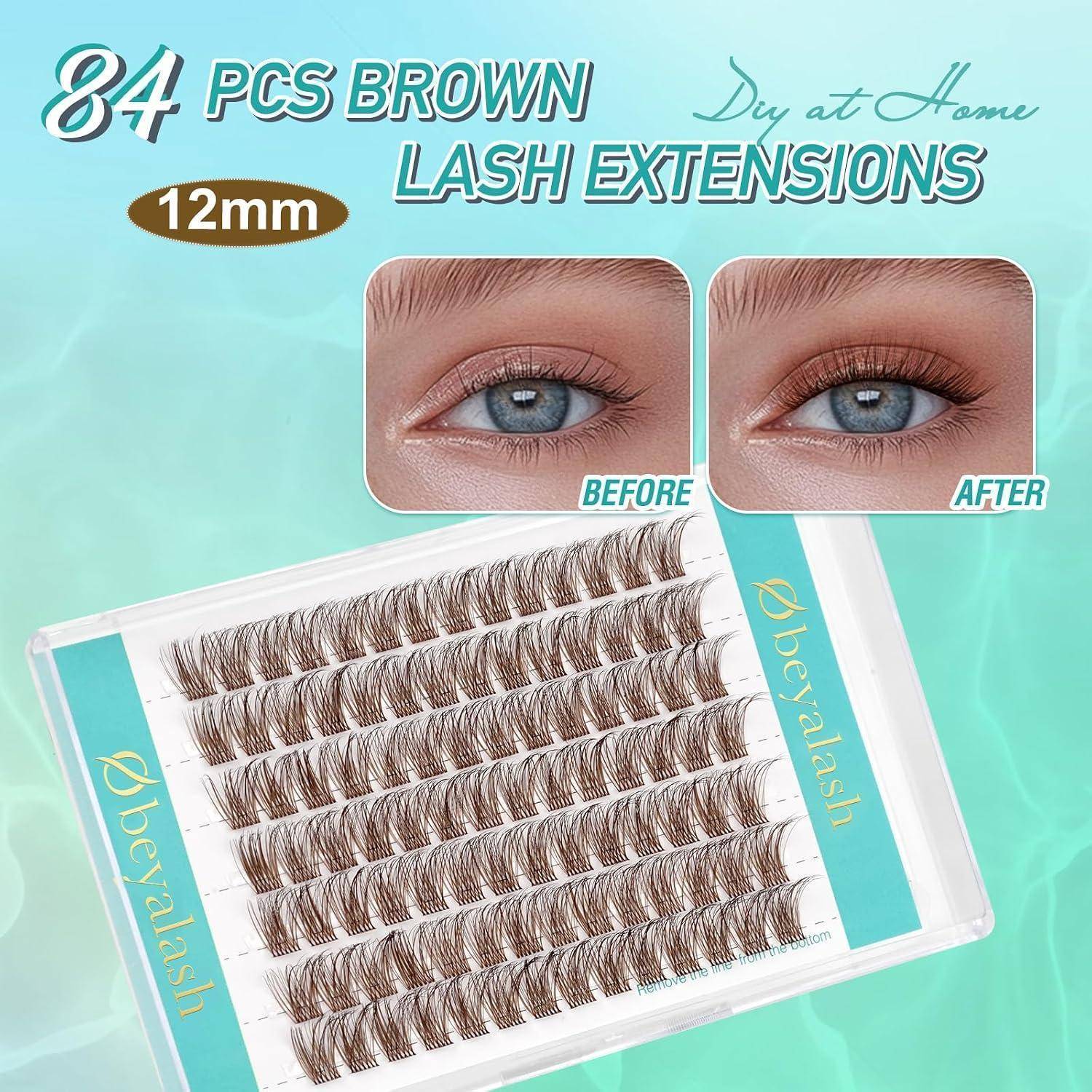 Produktwerbung für 84 braune 12mm Wimpernverlängerungen, zeigt vorher-nachher Nahaufnahmen der Augen und das Wimpernpaletten-Paket.