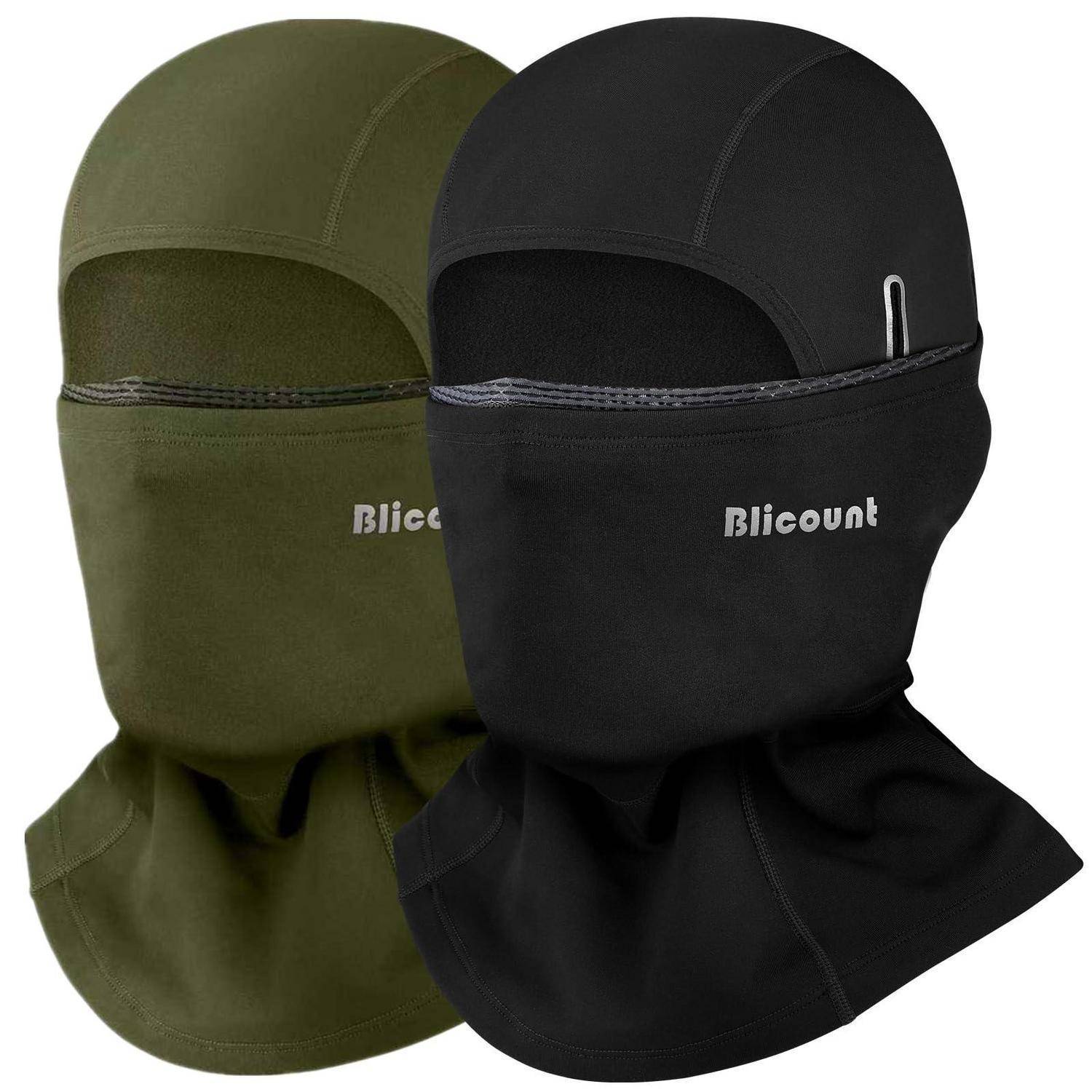 Zwei Balaclava-Gesichtsmasken, eine olivgrün und eine schwarz, mit „Blicount