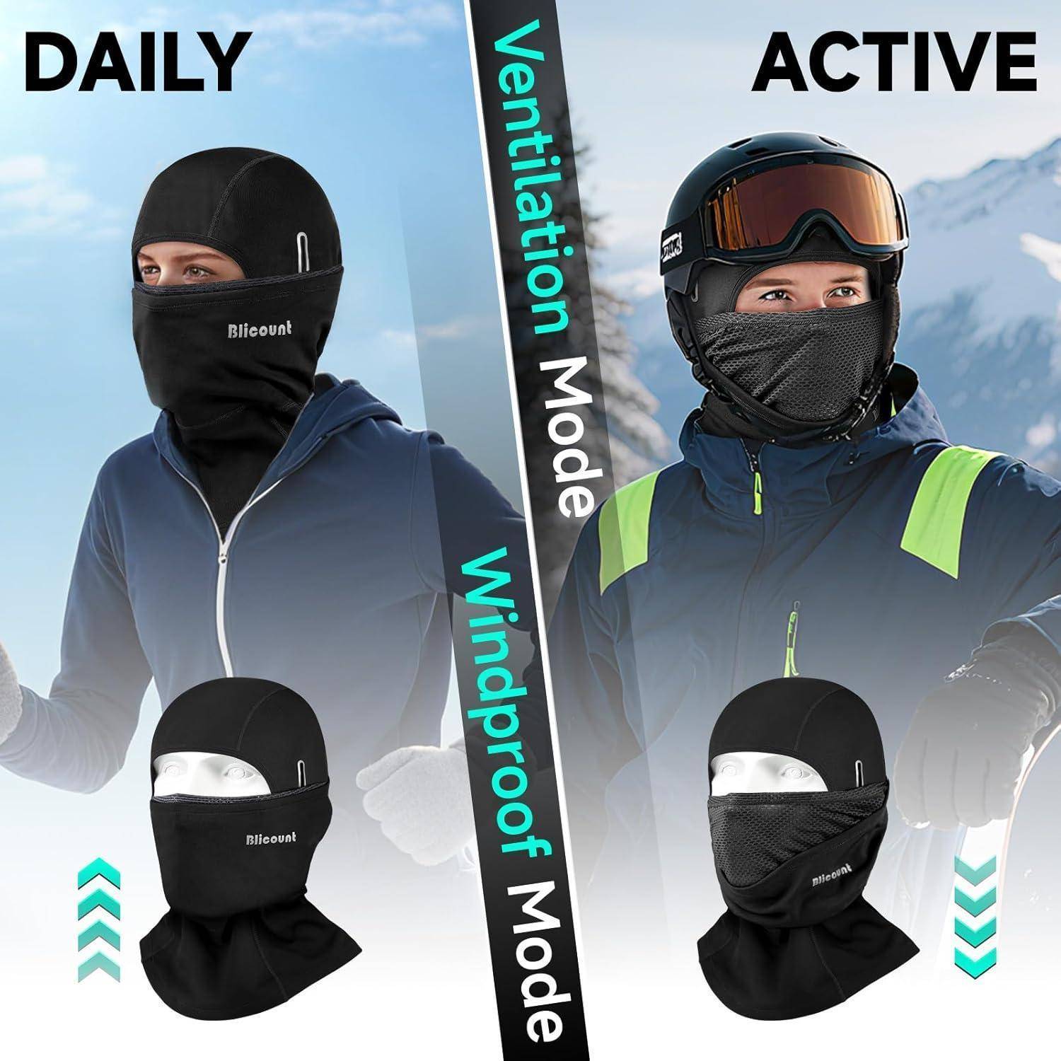 Geteilter Bildschirm einer schwarzen Sturmmaske, die im 
