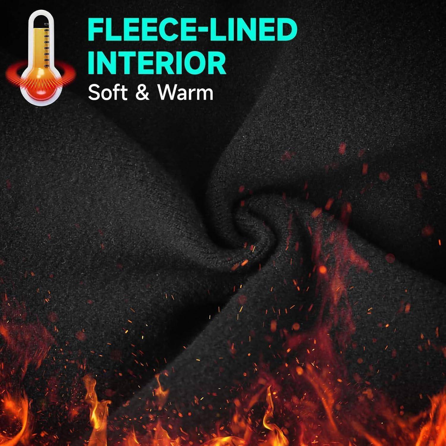 Schwarzer Fleece-gefütterter Stoff mit einem Thermometer-Symbol und Text „FLEECE-GEFÜTTERTES INNERES, Weich & Warm