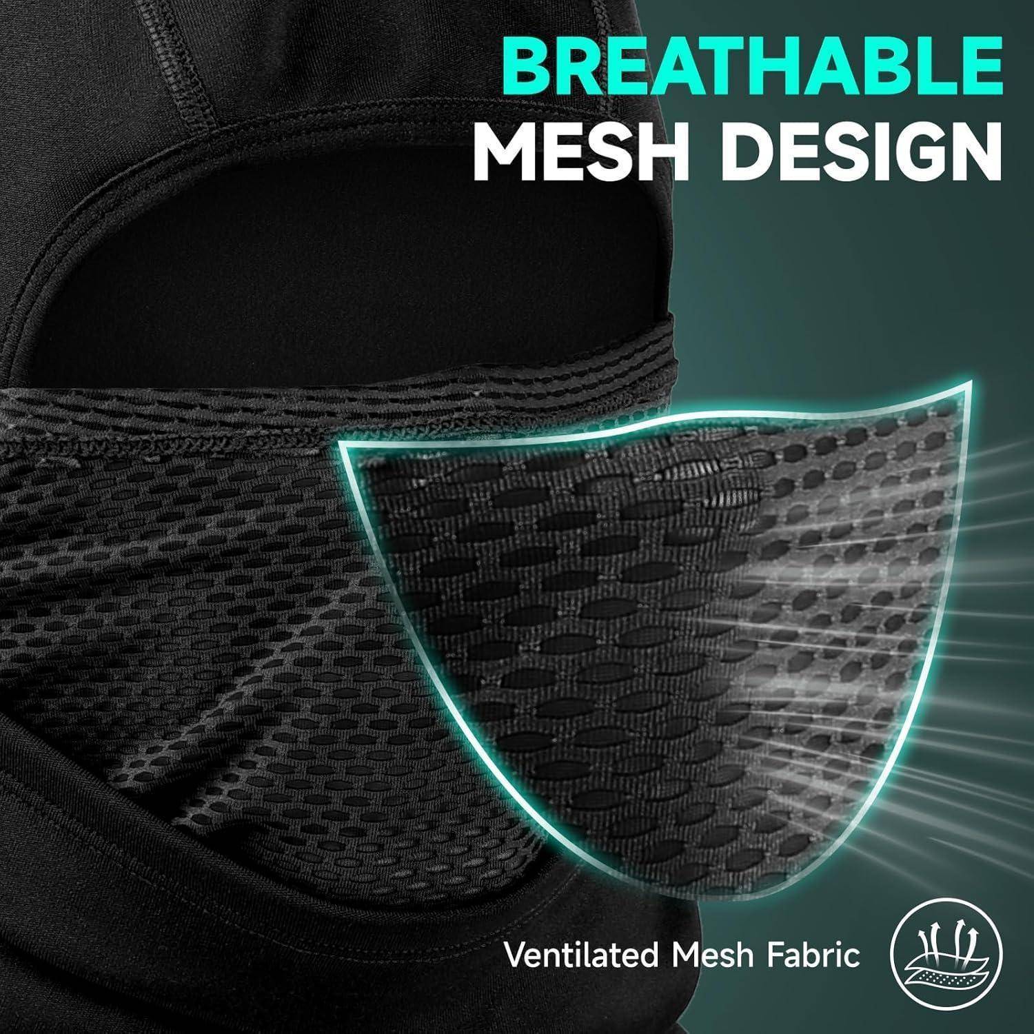 Schwarze Gesichtsmaske mit Nahaufnahmen-Ausschnitt, der das atmungsaktive Mesh-Design und den belüfteten Mesh-Stoff hervorhebt.