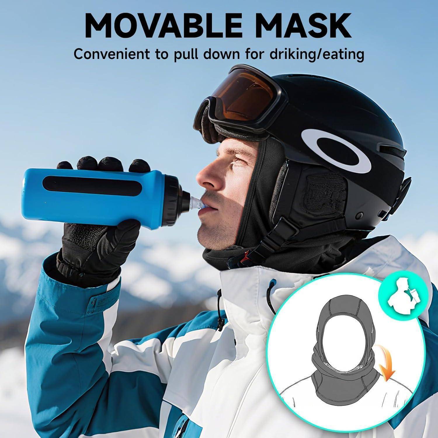 Skifahrer mit Helm trinkt aus einer Flasche durch eine bewegliche Maske; der Text besagt „BEWEGLICHE MASKE