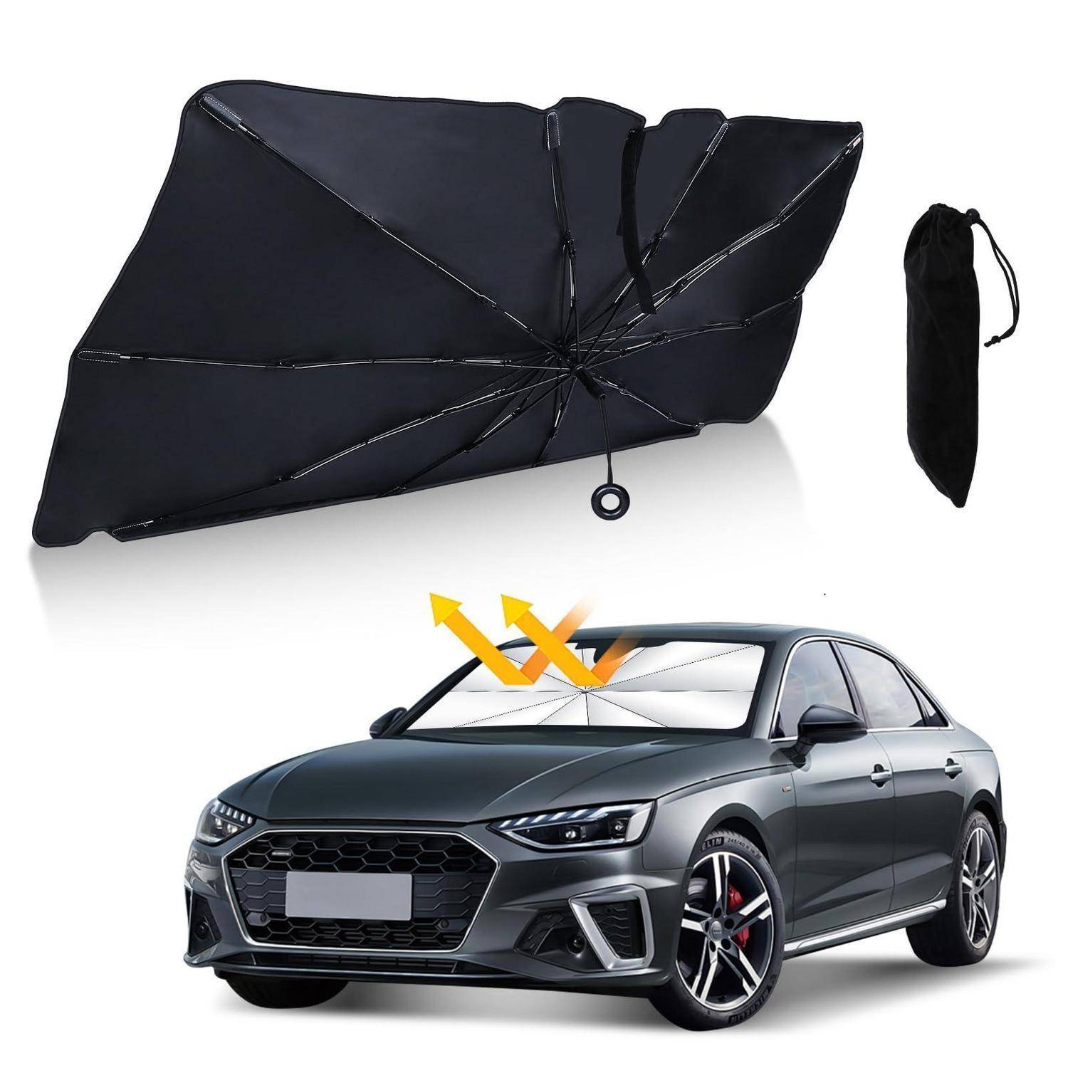 Kompakte faltbare Auto-Windschutzscheiben-Sonnenschutz, geöffnet über einer Limousine gezeigt, mit einer Aufbewahrungstasche und Pfeilen, die einfaches Entfalten/Platzieren anzeigen.