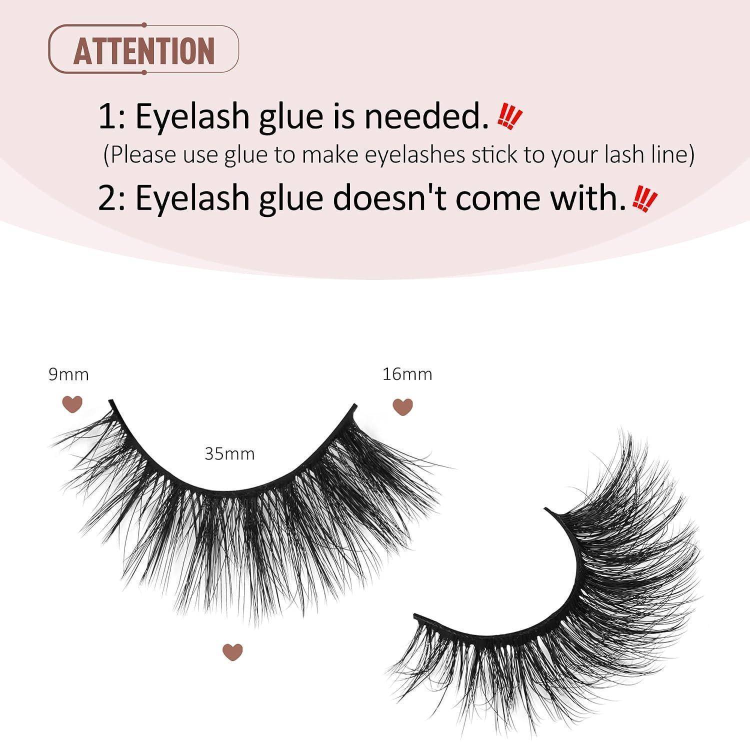 Wimpernproduktnotiz: Wimpernkleber ist erforderlich und nicht enthalten; zeigt zwei Kunstwimpernstile mit den Bezeichnungen 9mm, 16mm und 35mm.