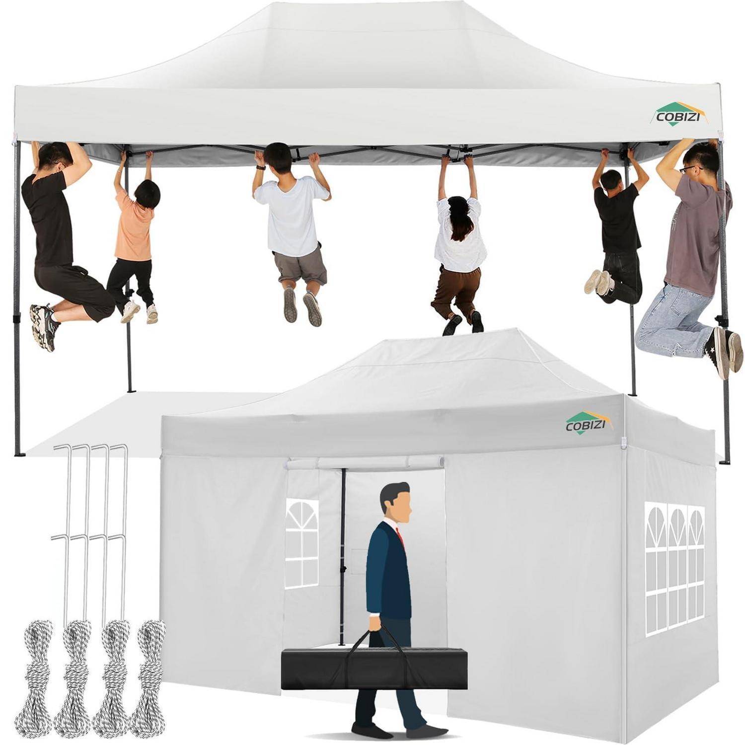 Illustration eines weißen Pop-up-Canopy-Zelts mit Personen, die am Rahmen oben hängen, und einem Mann, der mit einem schwarzen Koffer in das Zelt geht; zusätzliche Abspannseile links dargestellt.