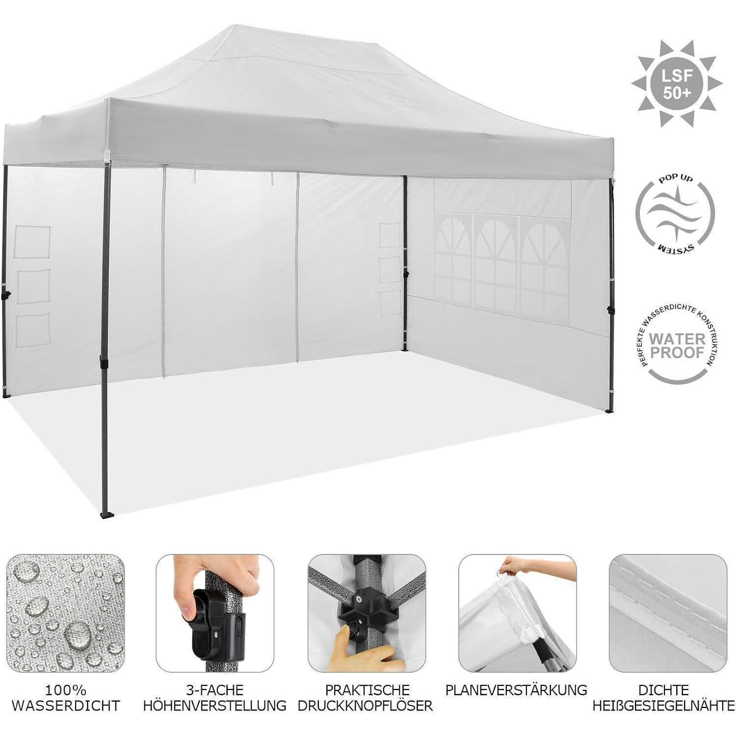 Weißes Pop-up-Pavillon-Zelt mit Seitenwänden und verstärkten wasserdichten Nähten, dargestellt mit Funktionssymbolen für 100% Wasserdichtheit, verstellbare Höhe und Moskitonetz.