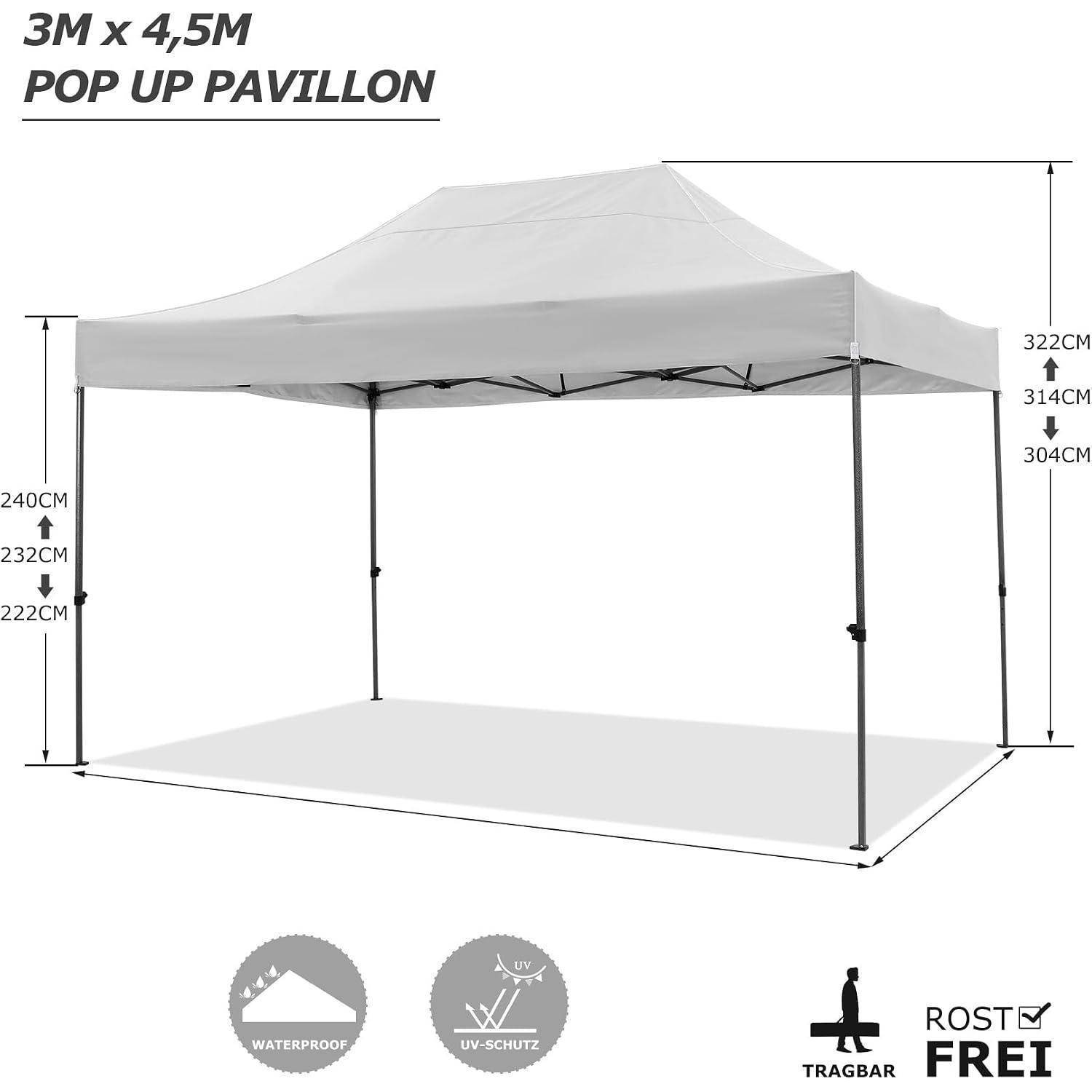 Diagramm eines 3 x 4,5 m Popup-Pavillons mit Messwerten der Dachkonstruktionshöhe und Symbolen für Wasserdichtheit und UV-Schutz.