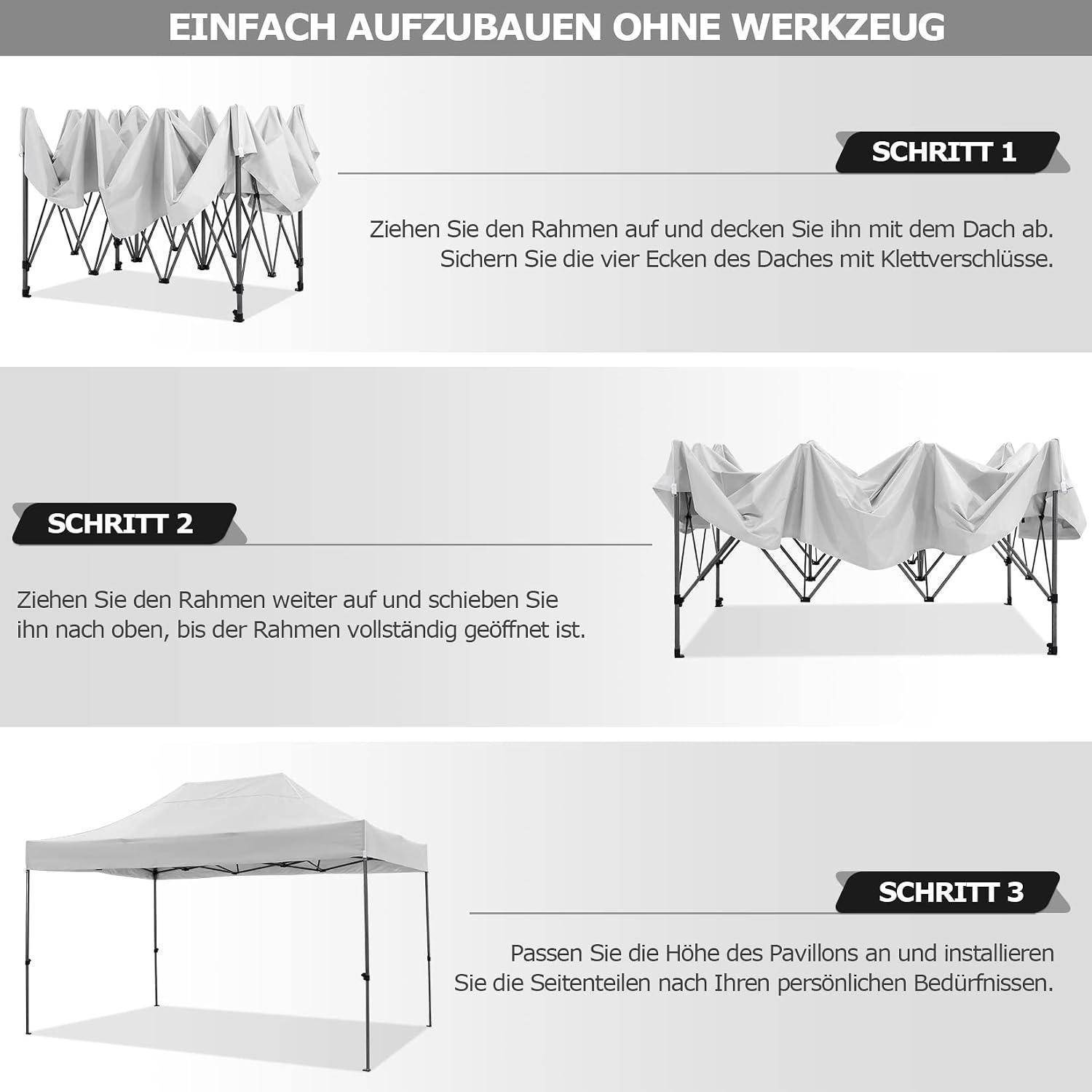 Schritt 1: Rahmen herausziehen und mit dem Dach abdecken, Schritt 2: Rahmen ausziehen, bis er vollständig offen ist, Schritt 3: Höhe anpassen und Seitenpaneele anbringen.