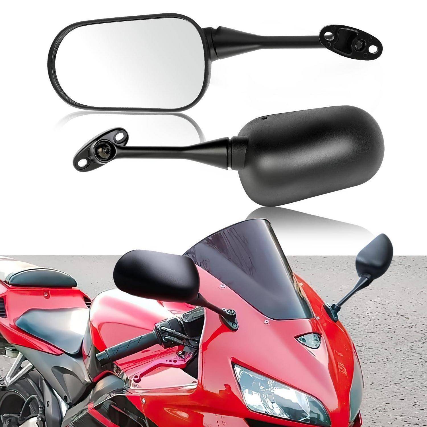 Motorrad-Seitenspiegel über einem roten Sportmotorrad, die das Spiegeldesign und das Aussehen bei der Montage am Motorrad demonstrieren.