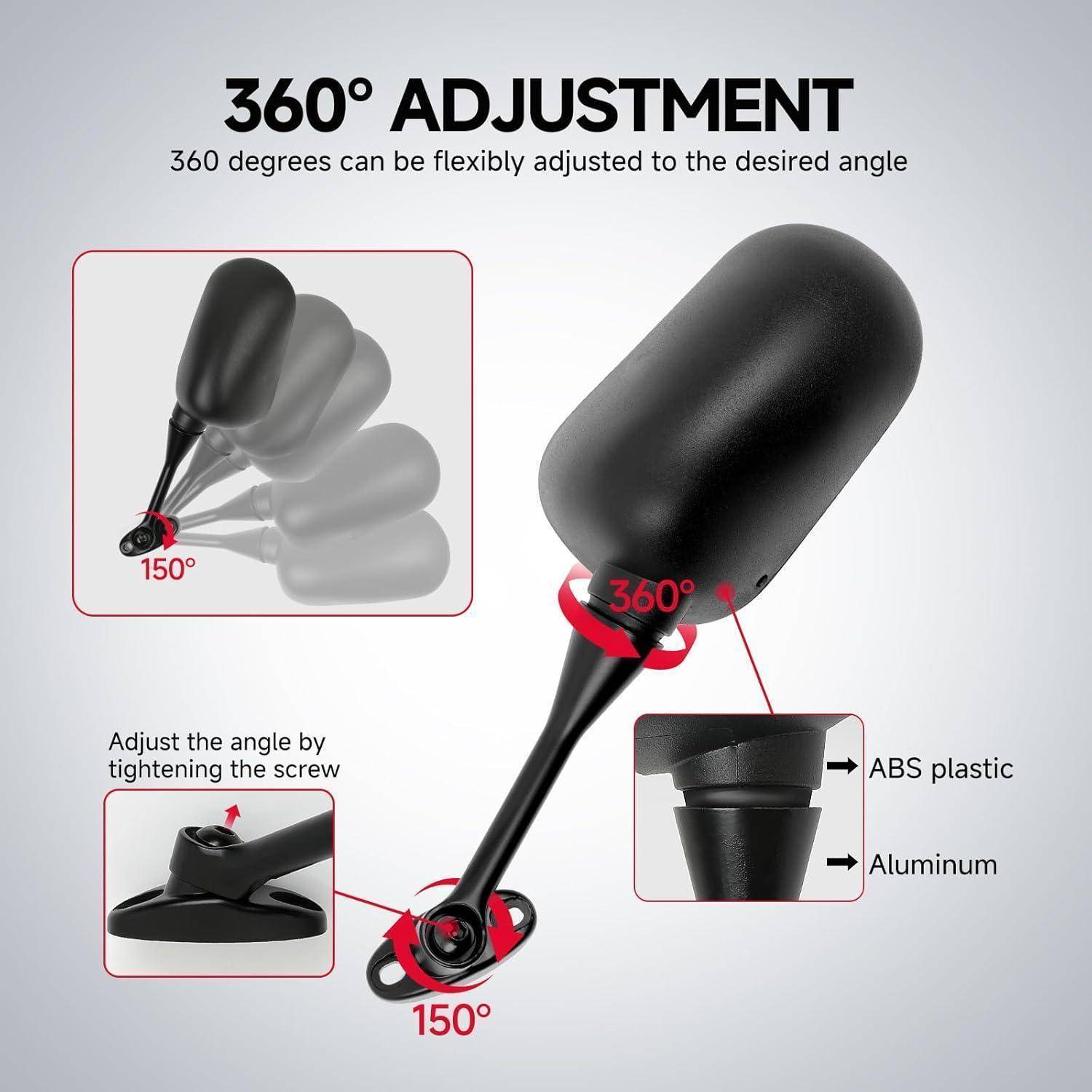Infografik, die einen schwarzen verstellbaren Lampenkopf mit „360° VERSTELLUNG