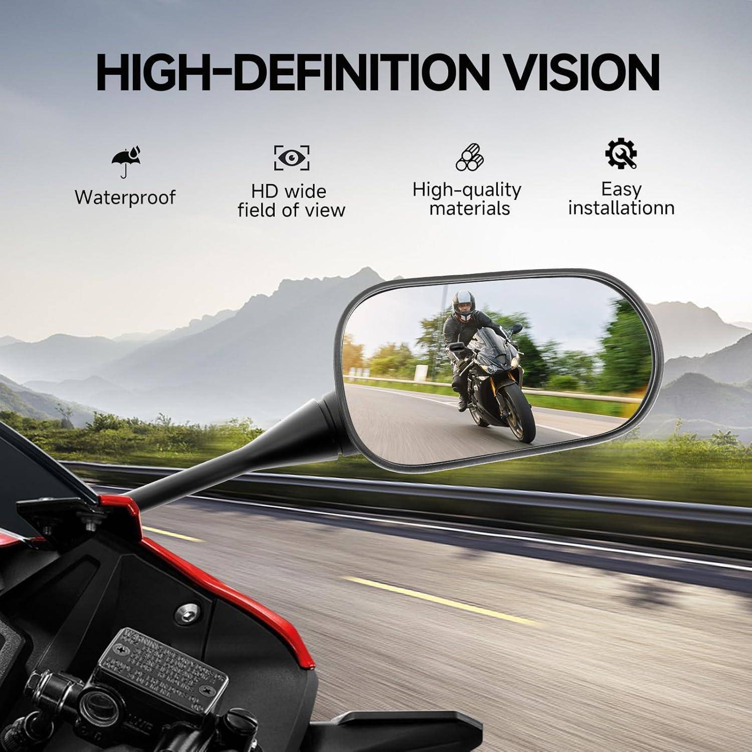 Werbebild für einen Motorrad-Seitenspiegel mit „HOCHAUFLÖSUNGSBLICK