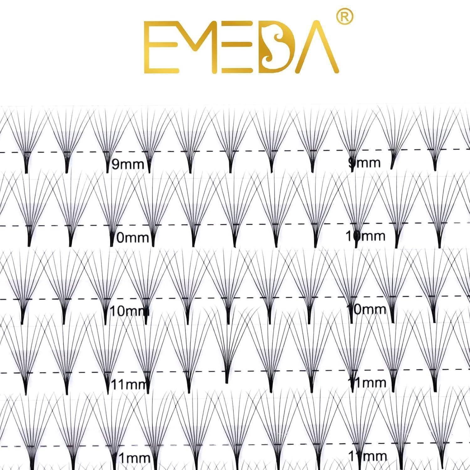 EMEDA-Anleitung für Wimpernverlängerungen mit Reihen von künstlichen Wimpernfächern, die mit Längen von 9mm, 10mm, 11mm und 1mm gekennzeichnet sind