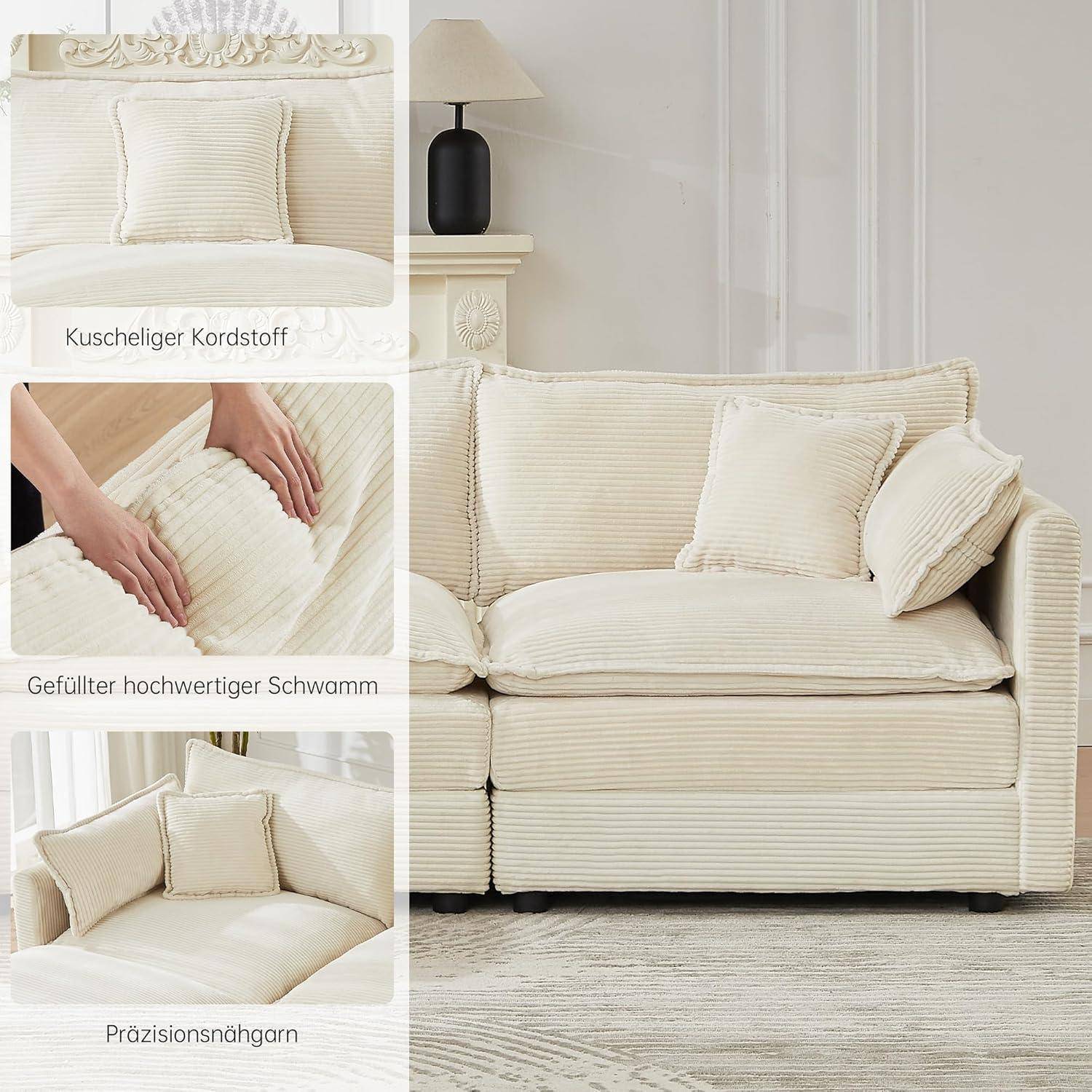 Creme-farbenes geripptes Stoff-Sofa mit passenden Kissen in einem hellen Raum, dargestellt mit eingefügten Nahaufnahmen, die die Kordstoff-Textur, die Schaumstoff-Füllung und die Nähte hervorheben.