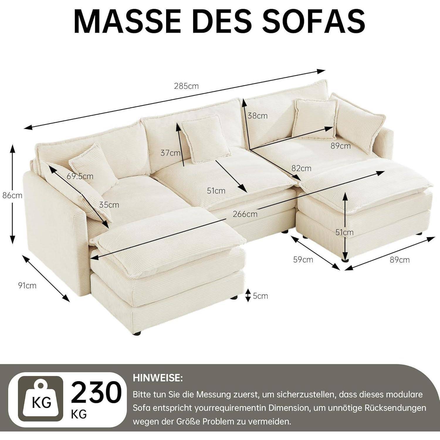 Diagramm mit Maßen eines L-förmigen modularen Sofas mit der Bezeichnung „MASSE DES SOFAS