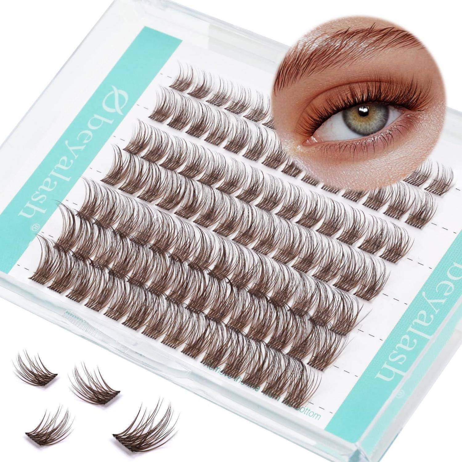 Tablett mit Wimpernverlängerungen mit mehreren Reihen von künstlichen Wimpern und einer eingefügten Nahaufnahme eines grünen Auges, das das beabsichtigte Aussehen zeigt.