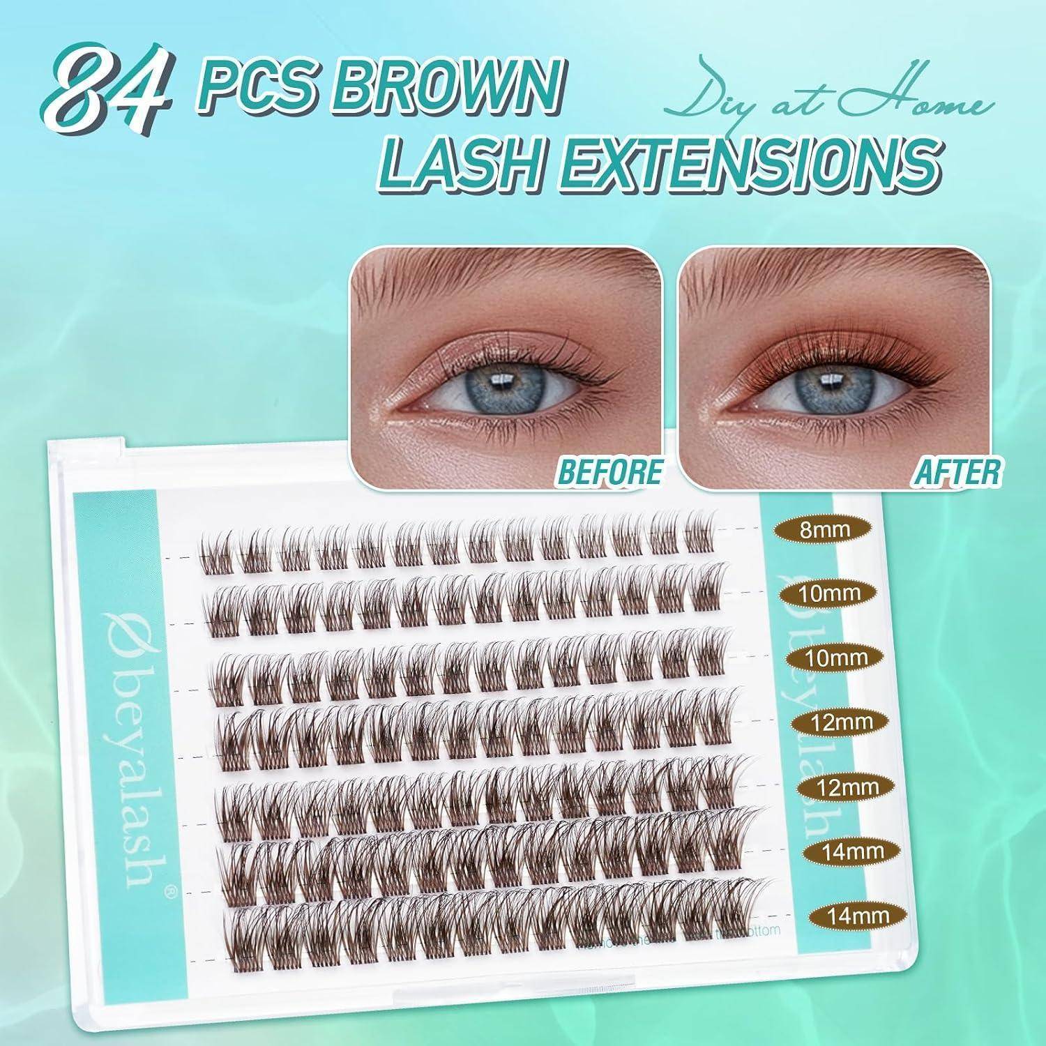 Werbebild für 84er Set braune Wimpernverlängerungen, zeigt Vorher- und Nachher-Fotos der Augen, ein Wimpern-Tablett und Längen von 8mm bis 14mm für die Anwendung zu Hause.