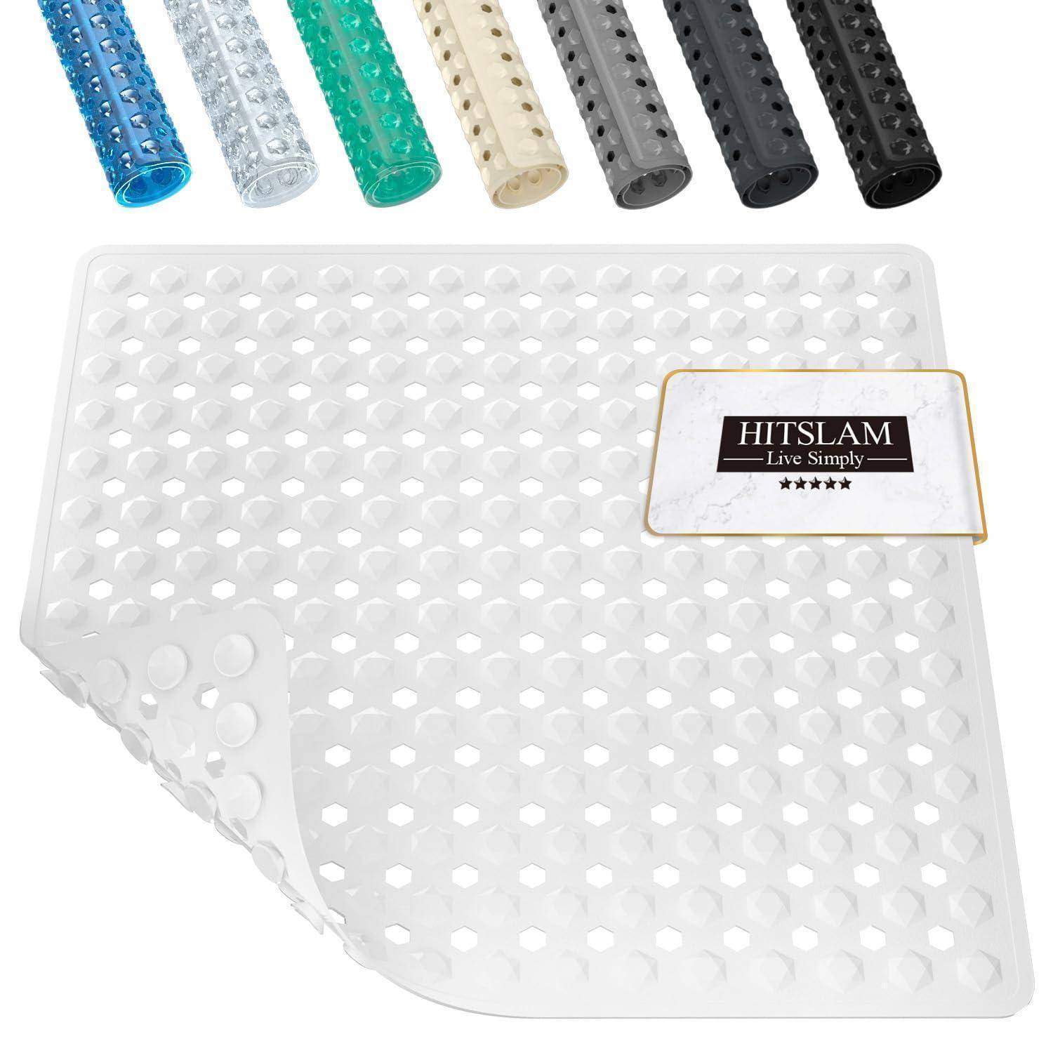 Durchsichtige Silikon-Badewannenmatte mit Saugnäpfen, gezeigt mit Farboptionen (blau, transparent, grün, beige, grau, schwarz) und einem 