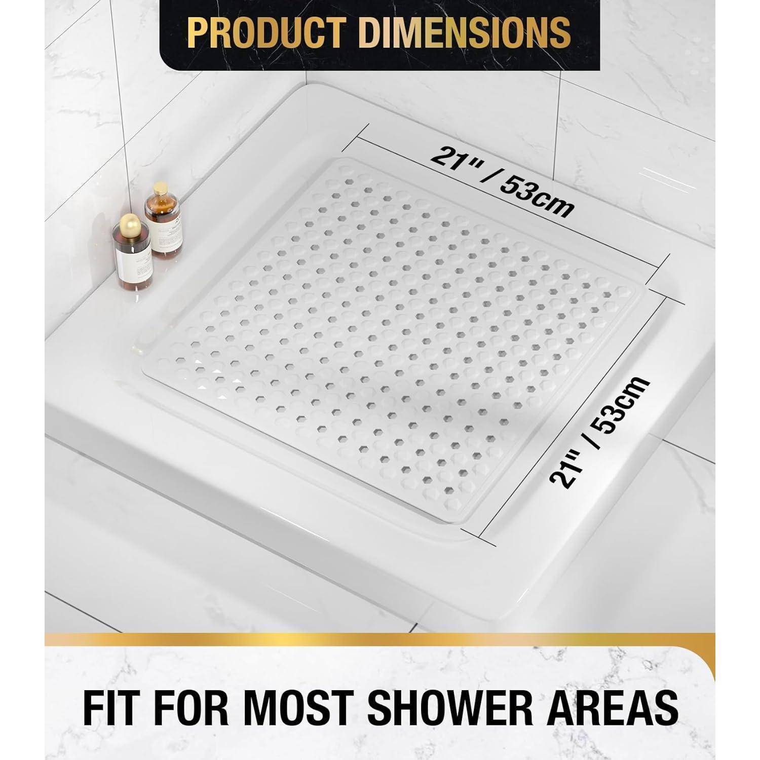 Die Produktdimensionengrafik zeigt eine quadratische Duscheinsatz-Basis mit einer Größe von 21 Zoll oder 53 cm, die in die meisten Duschbereiche passt.