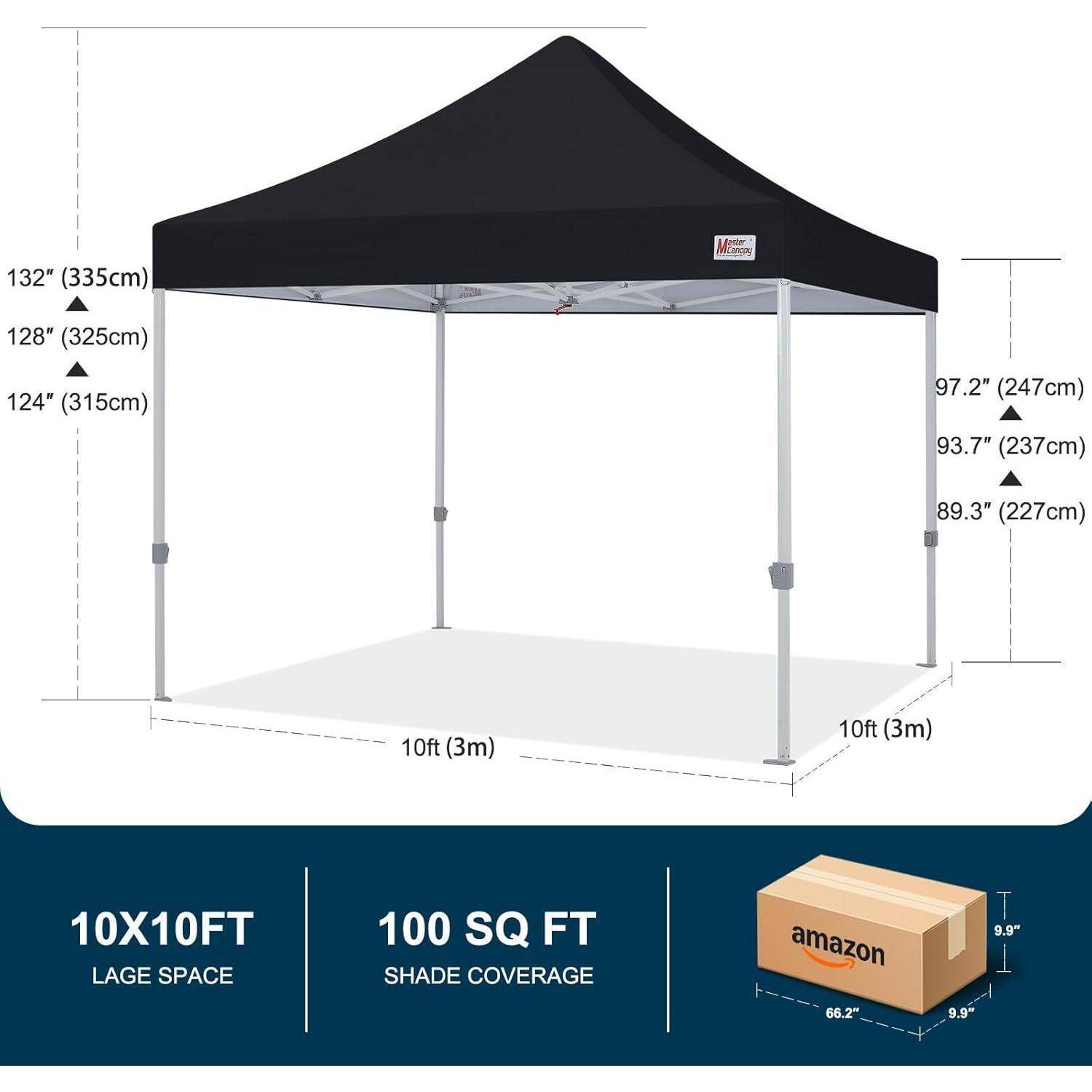 Diagramm eines 10x10 ft Pop-up-Baldachins mit schwarzer Oberseite, Höhenmessungen, 100 Quadratfuß Schattenabdeckung und Paketgröße dargestellt.