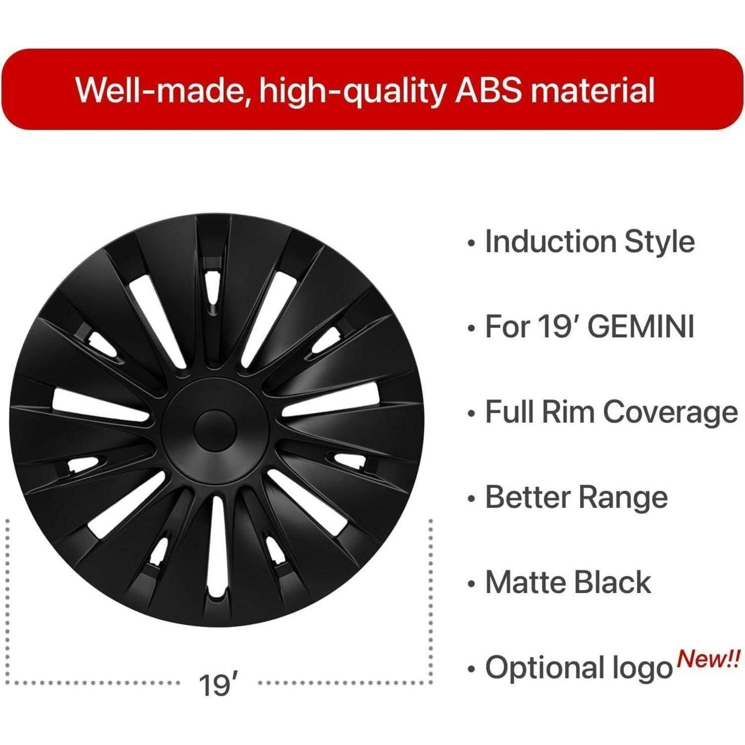 Schwarze 19-Zoll-Radkappe im Gemini-Induktionsstil mit mattiertem Finish; bietet vollständige Felgenabdeckung, größere Reichweite und optionales Logo.