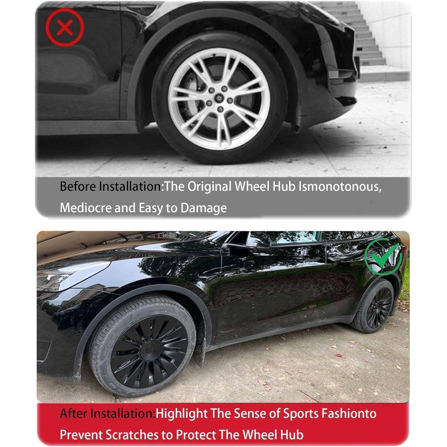 Vorher-und-Nachher-Vergleich einer Autoradnabe: Oben ist ein Standard-Rad mit einem roten X gekennzeichnet; unten ist ein schwarzes Auto mit einem sportlichen Rad gekennzeichnet mit einem grünen Haken, geschützt vor Kratzern.