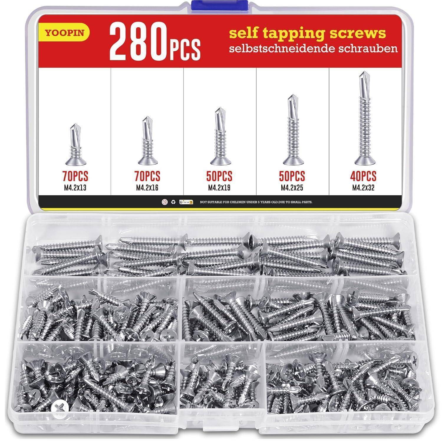 Kunststoff-Organizer-Box mit 280 selbstschneidenden Schrauben, nach Größe und Menge gekennzeichnet: 70 M4x13, 70 M4.2x16, 50 M4.2x18, 50 M4.2x25, 40 M4.2x32.