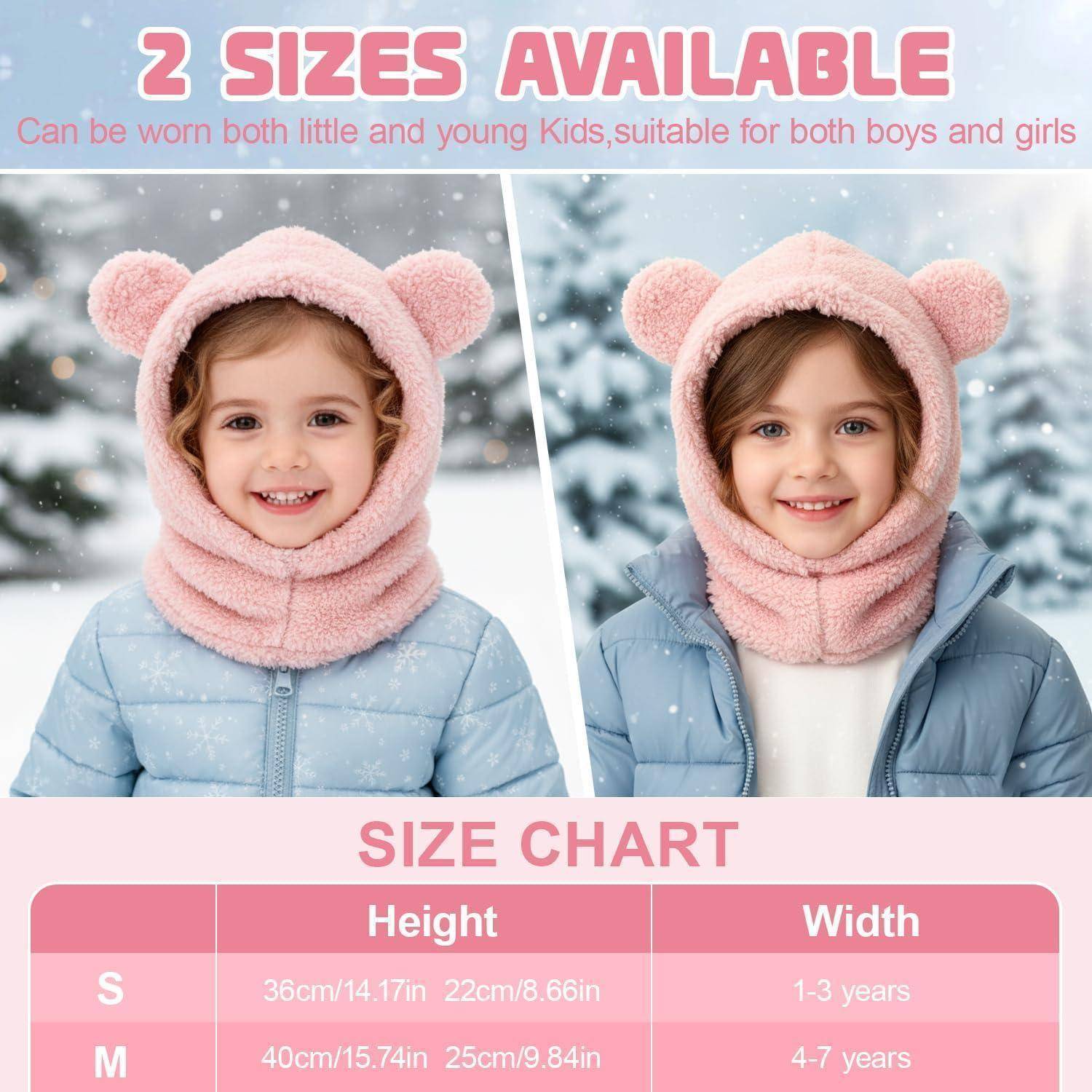 Größentabelle für die Promotion, die zwei Kinder zeigt, die eine rosa Wintermütze mit Bärenohren tragen, mit der Aufschrift „2 GRÖSSEN ERHÄLTLICH