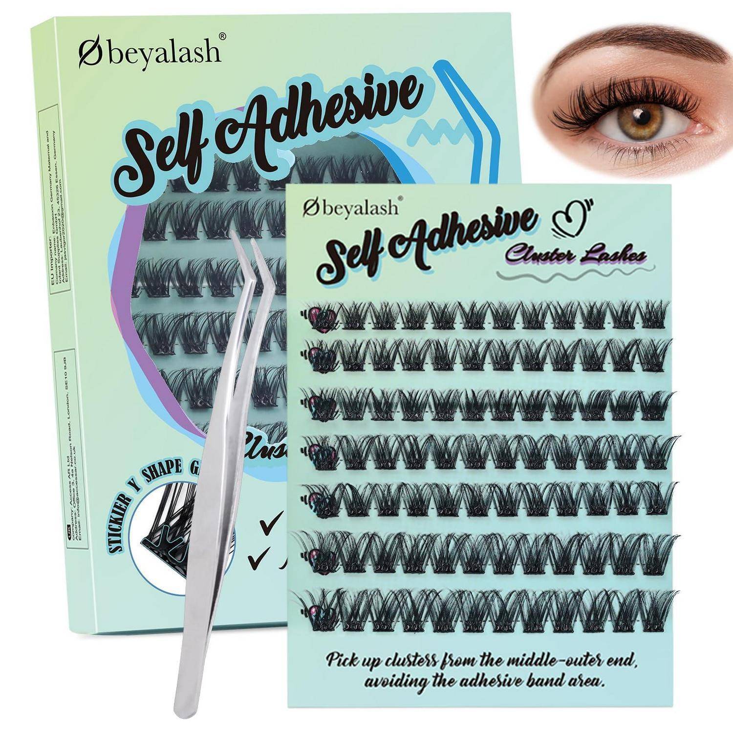 Beyalash selbsthaftende Clusterwimpern-Verpackung mit Wimpernschale, Pinzette und einem Auge mit angebrachten Wimpern.