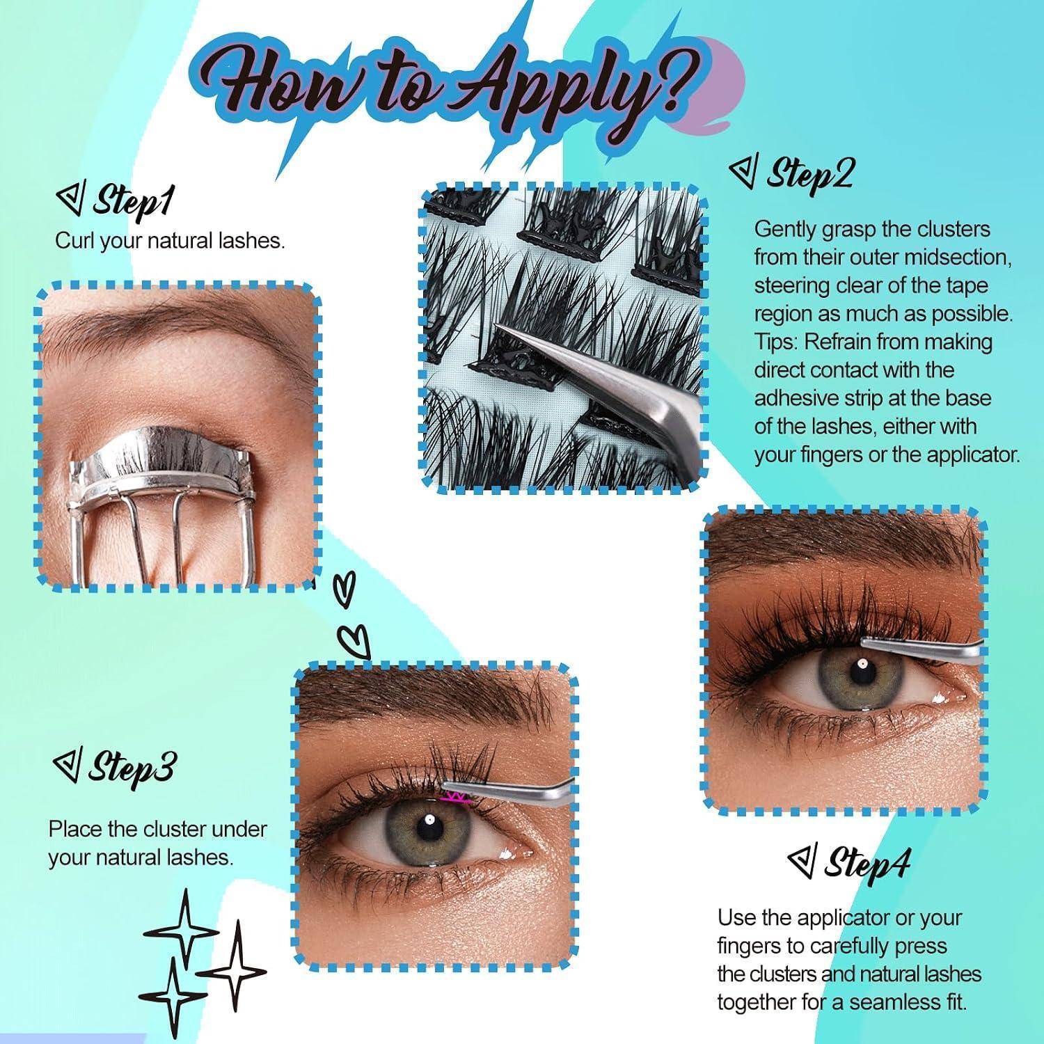 Wie man anwendet? Schritt 1 natürliche Wimpern kräuseln; Schritt 2 Wimpernbüschel von der äußeren Mittelsection greifen; Schritt 3 Büschel unter natürliche Wimpern platzieren; Schritt 4 Wimpern zusammendrücken für eine nahtlose Passform.