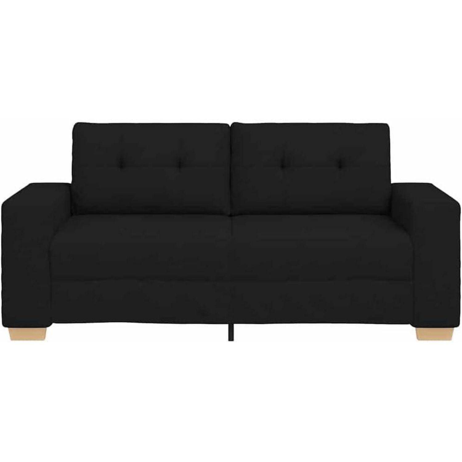 Schwarzes Zweisitzer-Sofa mit niedrigen Armlehnen, gesteppter Rückenlehne mit Knopfheftung und hellen Holzfüßen auf weißem Hintergrund.