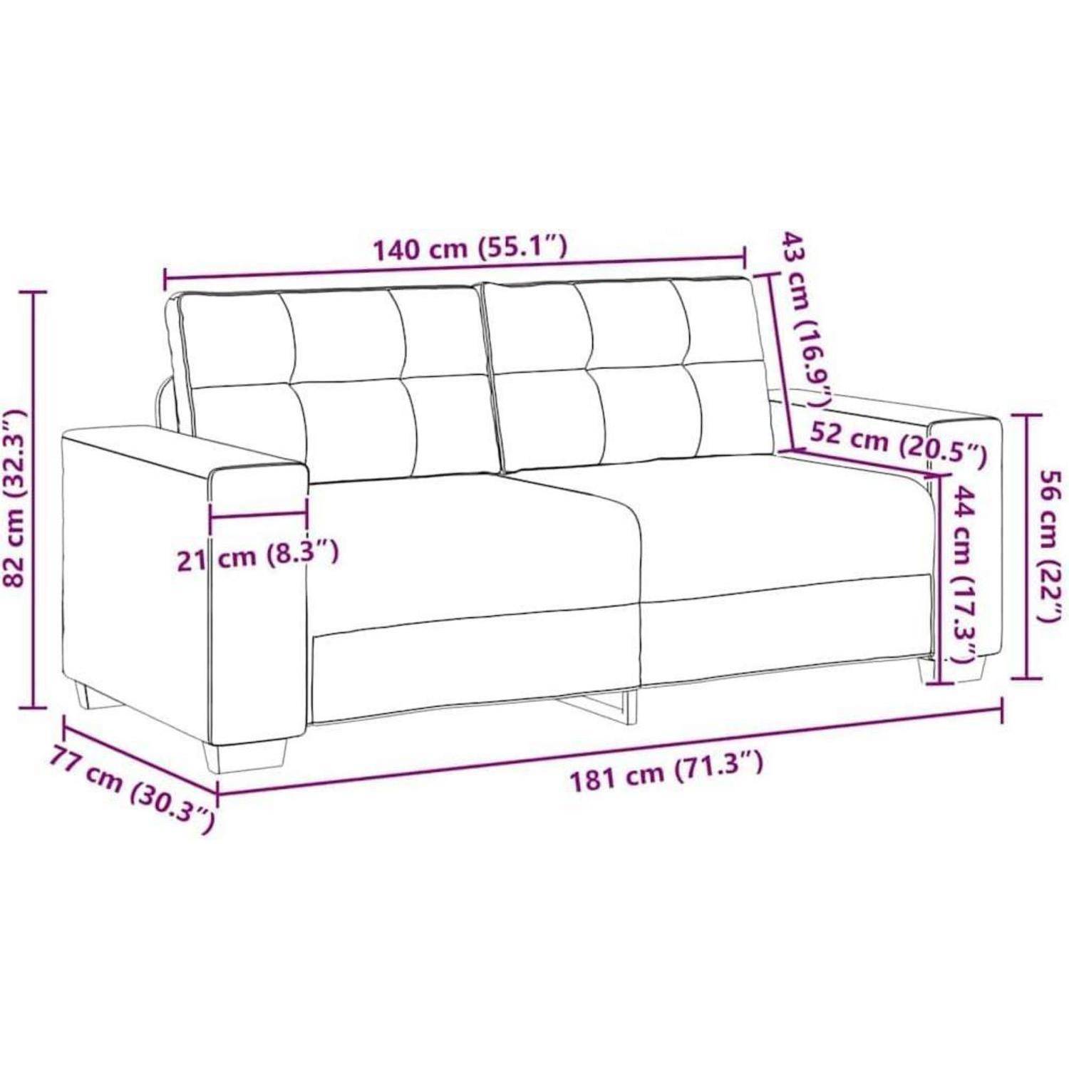 Maßstabgerechte Illustration eines zweisitzigen Sofas mit Gesamtabmessungen von 181 cm Breite, 77 cm Tiefe, 82 cm Höhe, mit gekennzeichneten Maßen für Armlehne, Sitzfläche und Rückenlehne.