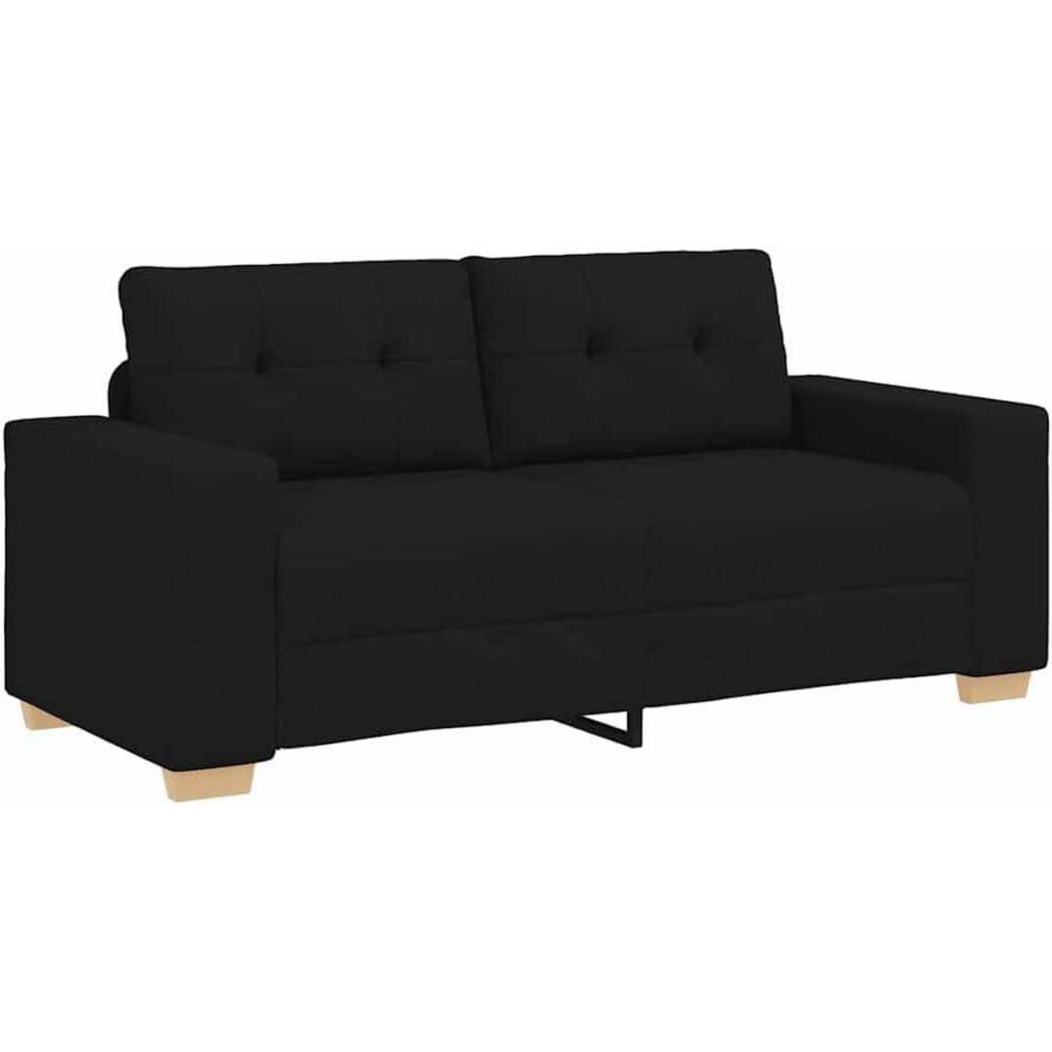 Schwarzes Zweisitzer-Sofa mit niedrigen Holzbeinen auf weißem Hintergrund.