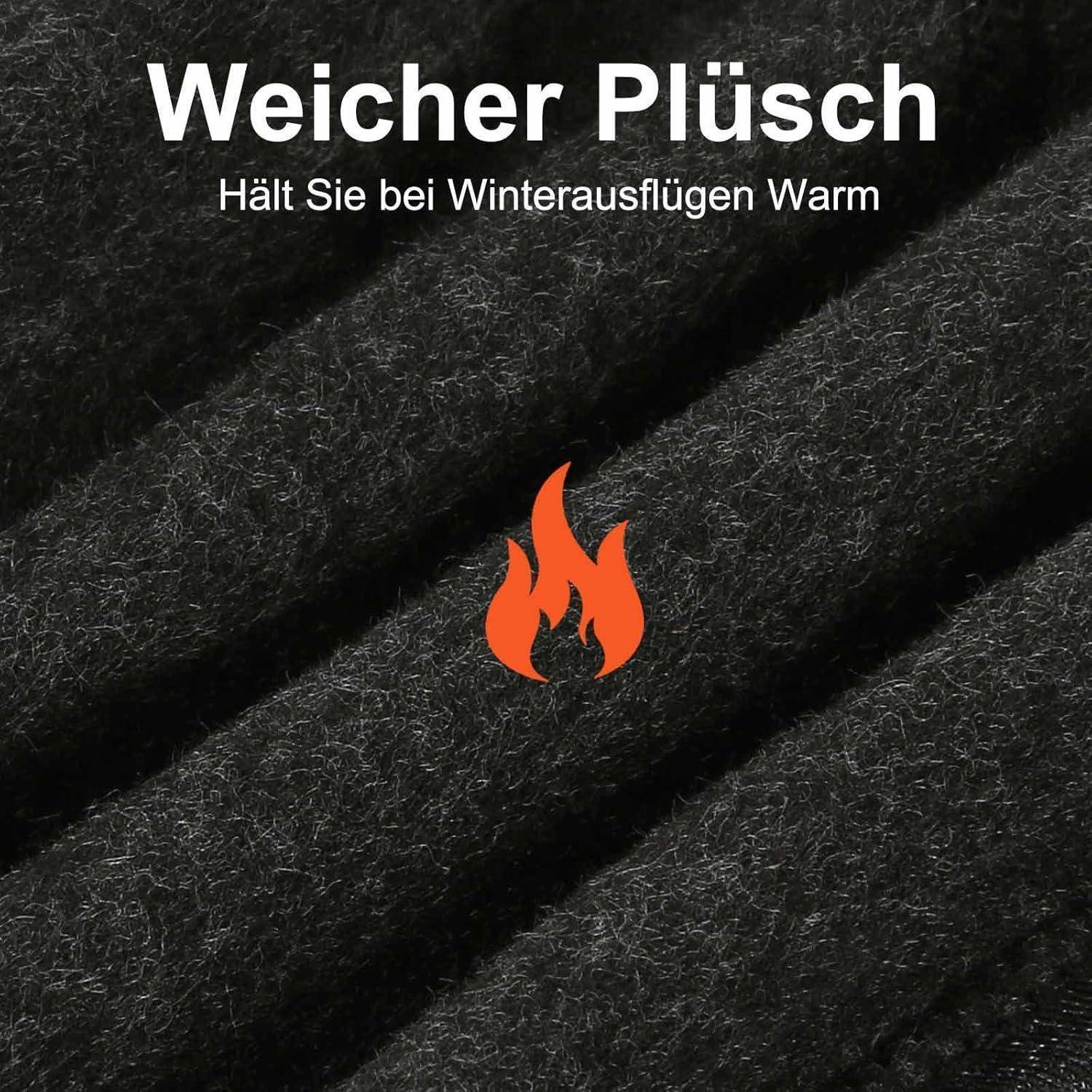 Strukturierter schwarzer Plüschstoff mit deutschem Text „Weicher Plüsch" und „Hält Sie bei Winterausflügen Warm"" über einem Flammensymbol, das Wärme und Weichheit suggeriert.