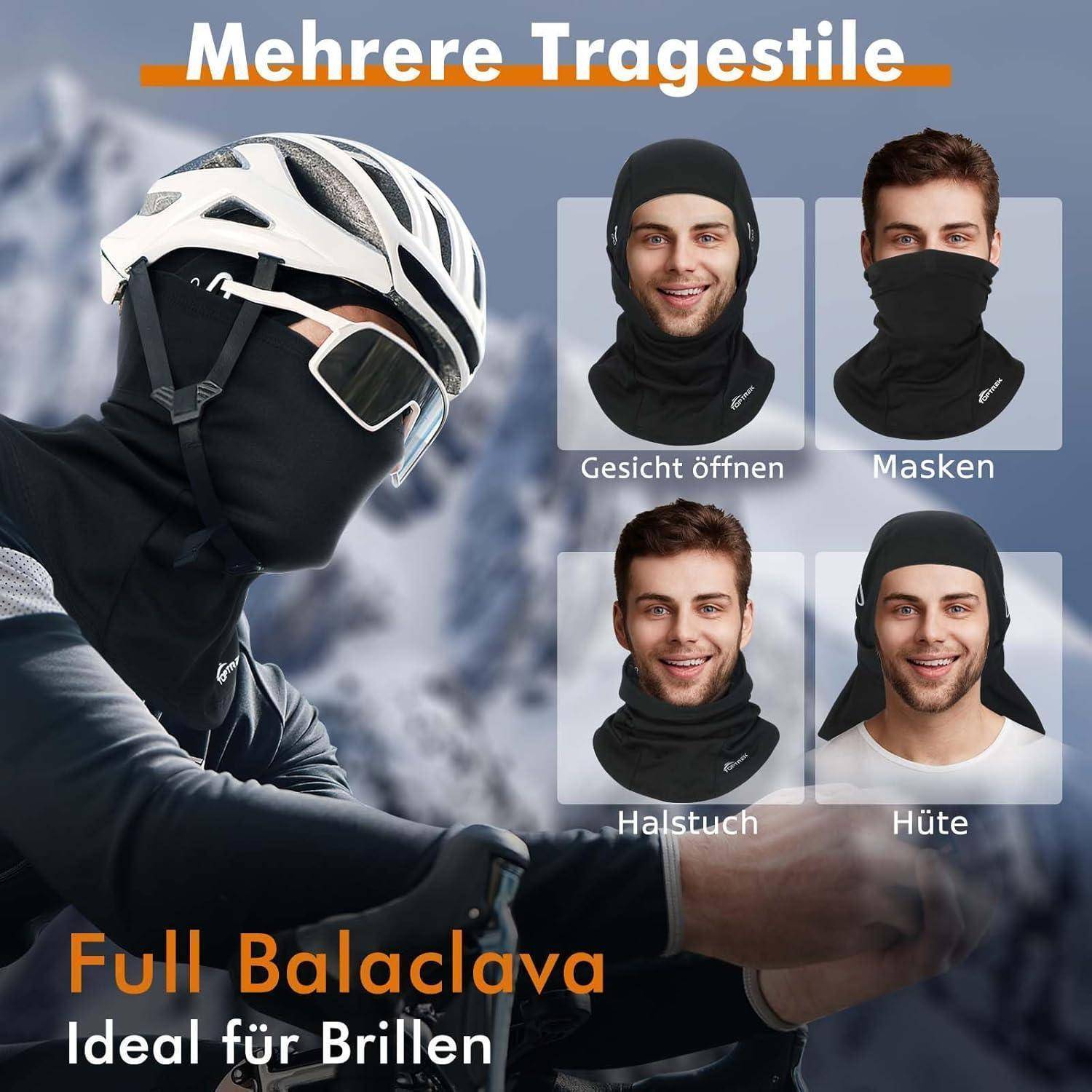 Anzeige für eine vollständige Sturmhaube, ideal für Brillenträger, mit mehreren Trageoptionen: Gesicht offen, Maske, Nackenbereich-Gaiter und Kapuze.