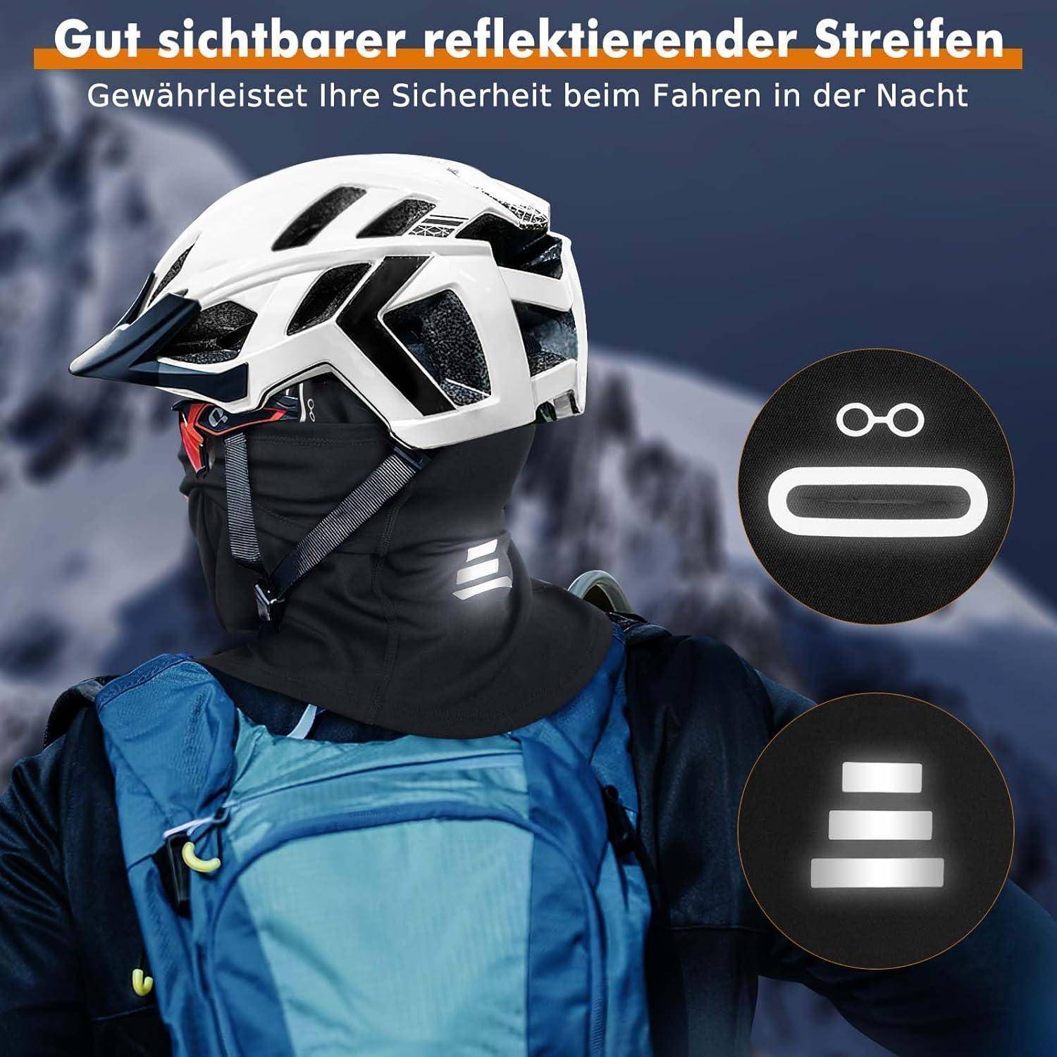 Radfahrer mit weißem Helm und reflektierendem Nacktuch, mit Symbolen, die reflektierende Streifen für sichereres Fahren in der Nacht hervorheben.