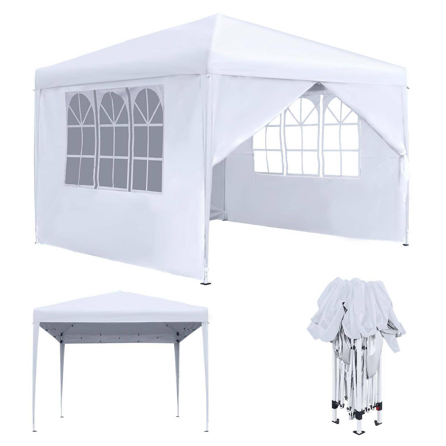Weißes Falt-Pavillon-Zelt, das zusammengebaut gezeigt wird, mit Seitenwänden und Fensterfeldern, sowie eine kleinere offene Rahmensicht und das gefaltete Zelt verpackt zur Lagerung.