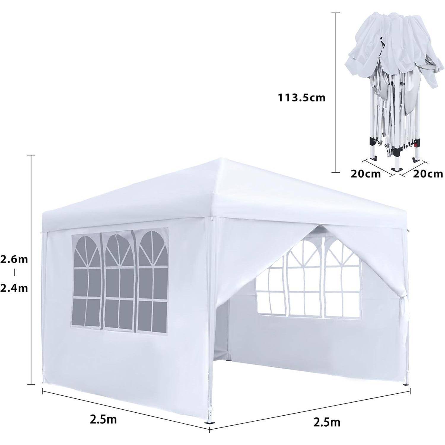 Weißes 2,5m x 2,5m Popup-Zelt mit gewölbten Seitenfenstern und offener Vorderseite; lässt sich auf 113,5cm Höhe zusammenfalten, 20cm x 20cm Grundfläche.