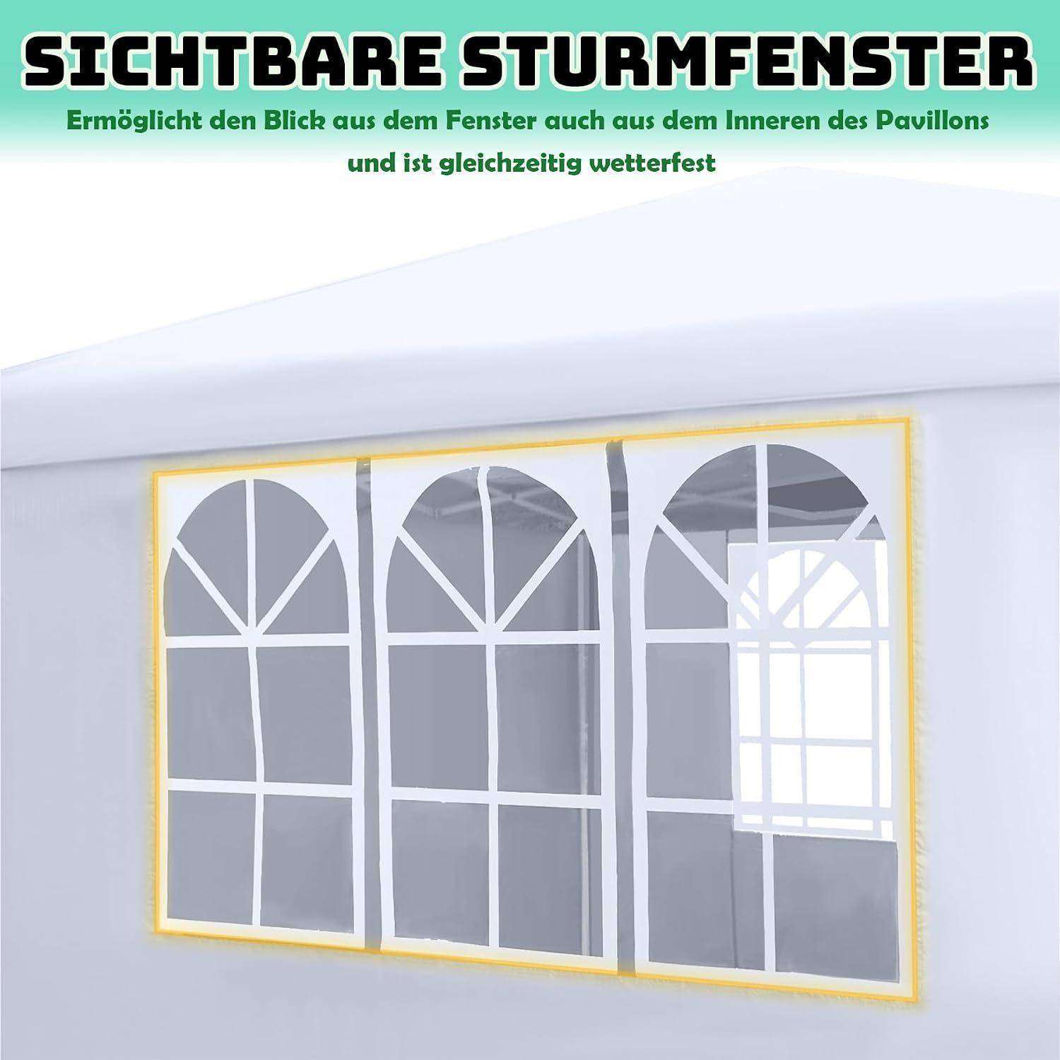 Illustration eines durchsichtigen Pavillon-Fensters: „SICHTBARE FENSTER" zeigt gewölbte Fenster, die es Betrachtern ermöglichen, ins Innere zu sehen, während sie gleichzeitig witterungsbeständig bleiben.
