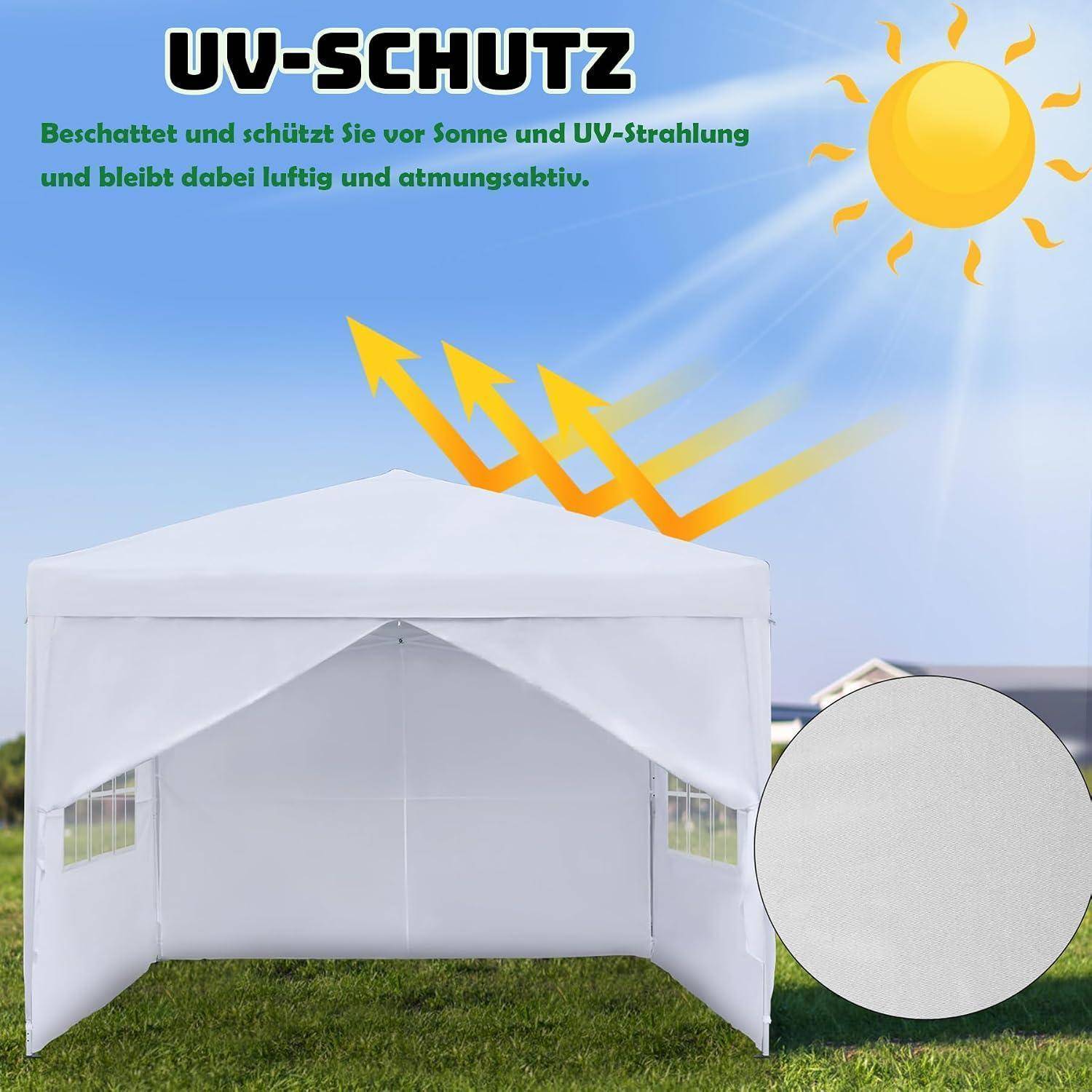 Weißes Pop-Up-Zeltdach mit UV-Schutz, gezeigt unter Sonne und UV-Strahlen; deutscher Text sagt, dass es vor Sonne und UV schützt und dabei luftig und atmungsaktiv bleibt.