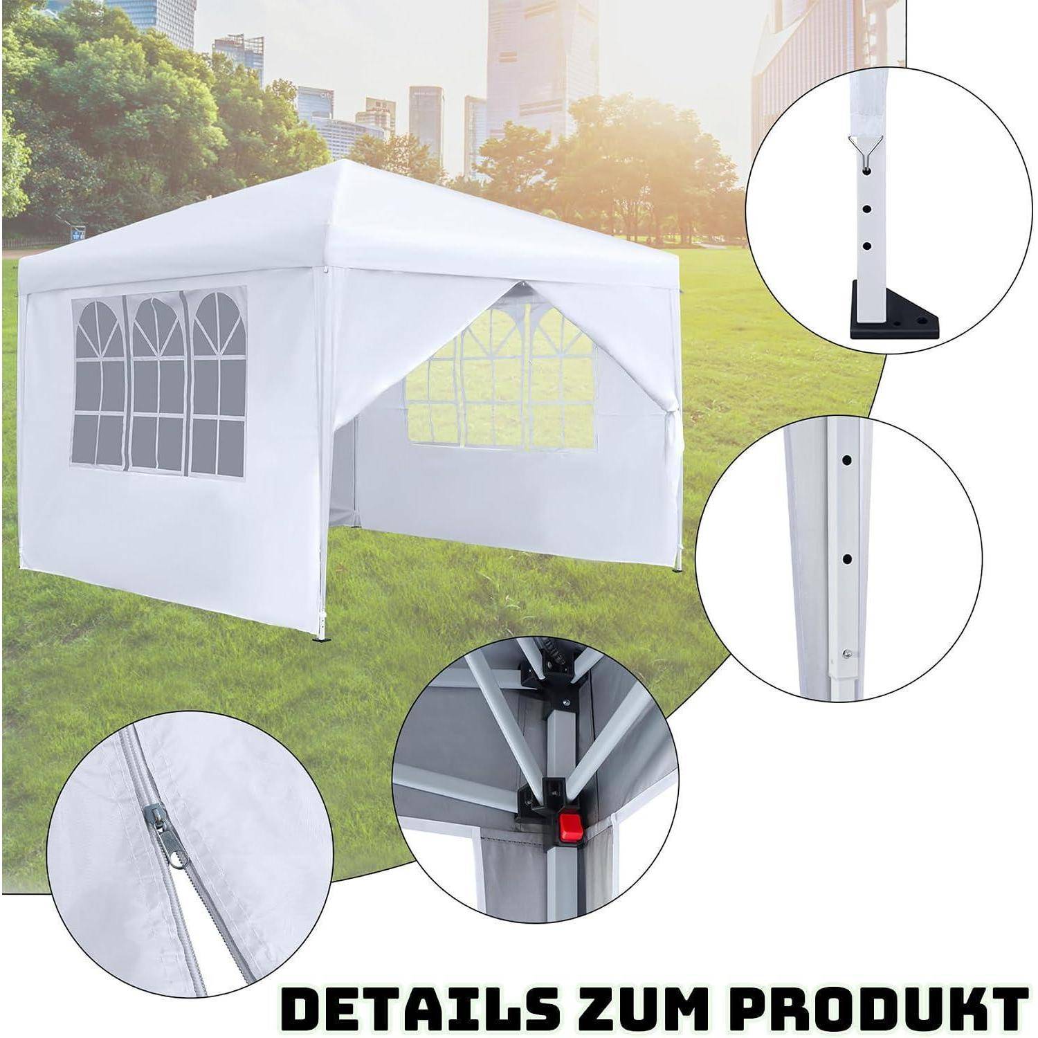 Weißes Outdoor-Pavillon-Zelt auf Gras, dargestellt mit vergrößerten Kreisen, die die Rahmenkonstruktion, das Bein, den Verbinder und die Reißverschluss-Details hervorheben; der Text lautet „DETAILS ZUM PRODUKT"