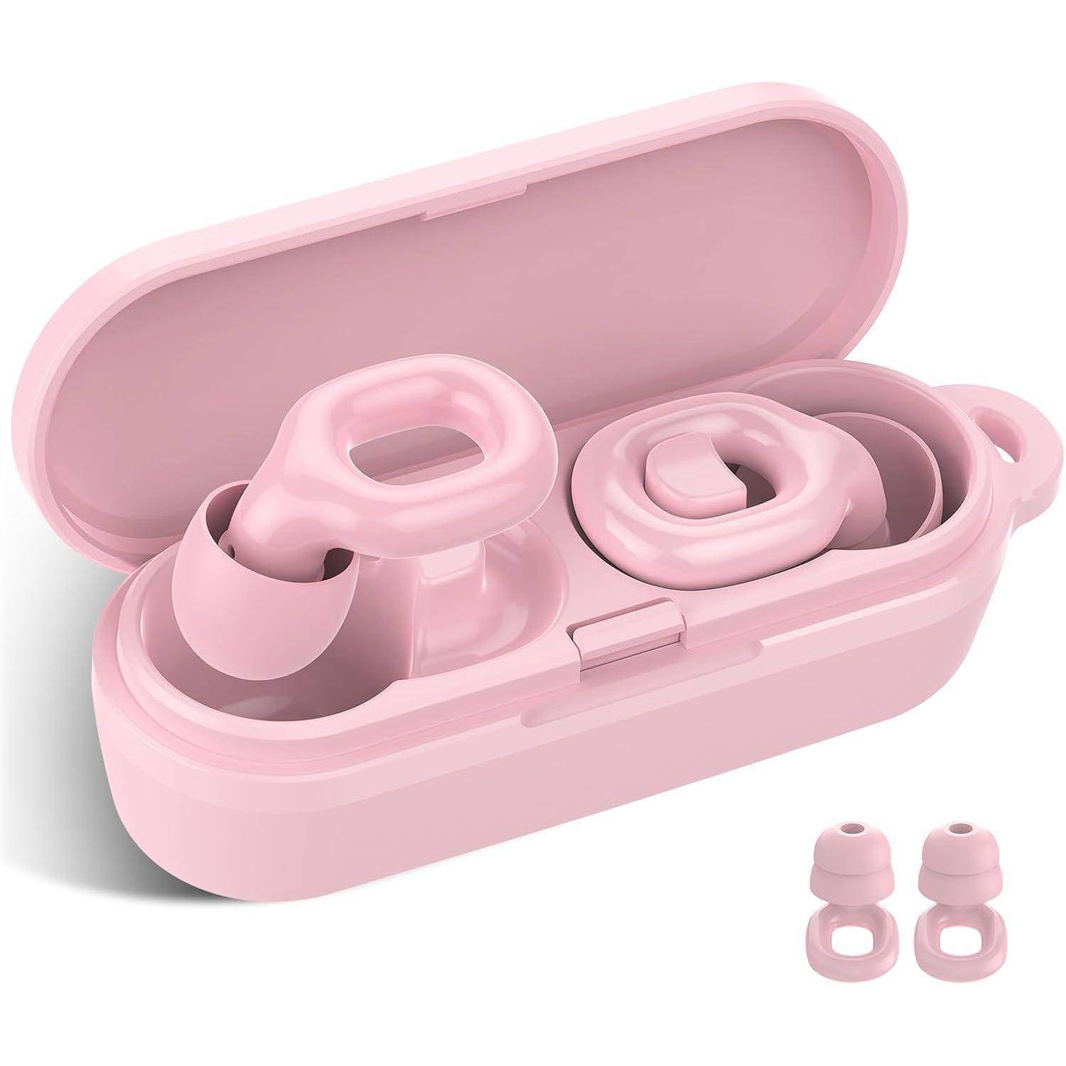 Rosa wiederverwendbares Silikon-Ohrstöpsel-Set in einer Tragetasche, mit zwei Paar separat auf weißem Hintergrund dargestellt.
