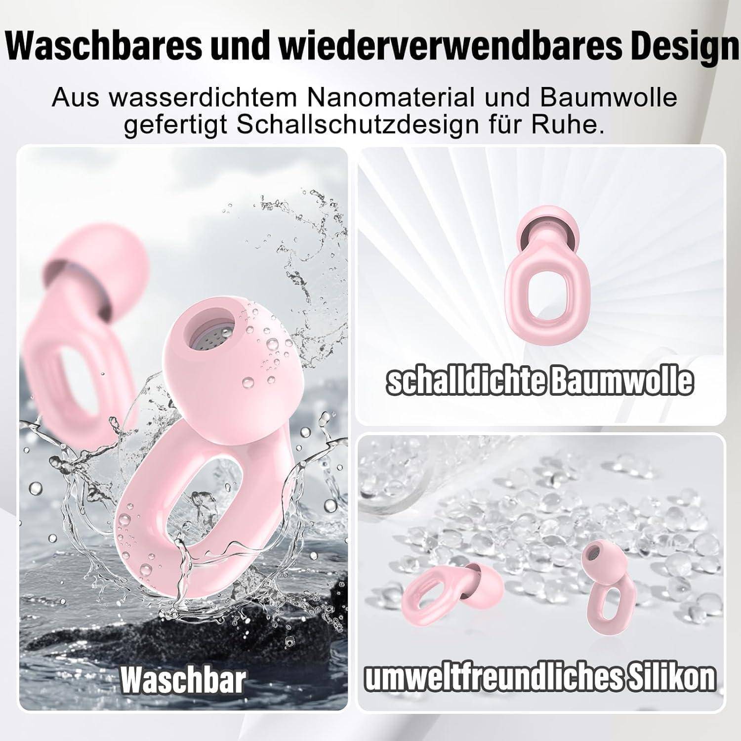 Deutsche Werbekollage von rosafarbenen Ohrstöpseln, die ein waschbares, wiederverwendbares, wasserdichtes Stummschaltungsdesign aus Nanomaterial, Baumwolle und umweltfreundlichem Silikon zeigt.