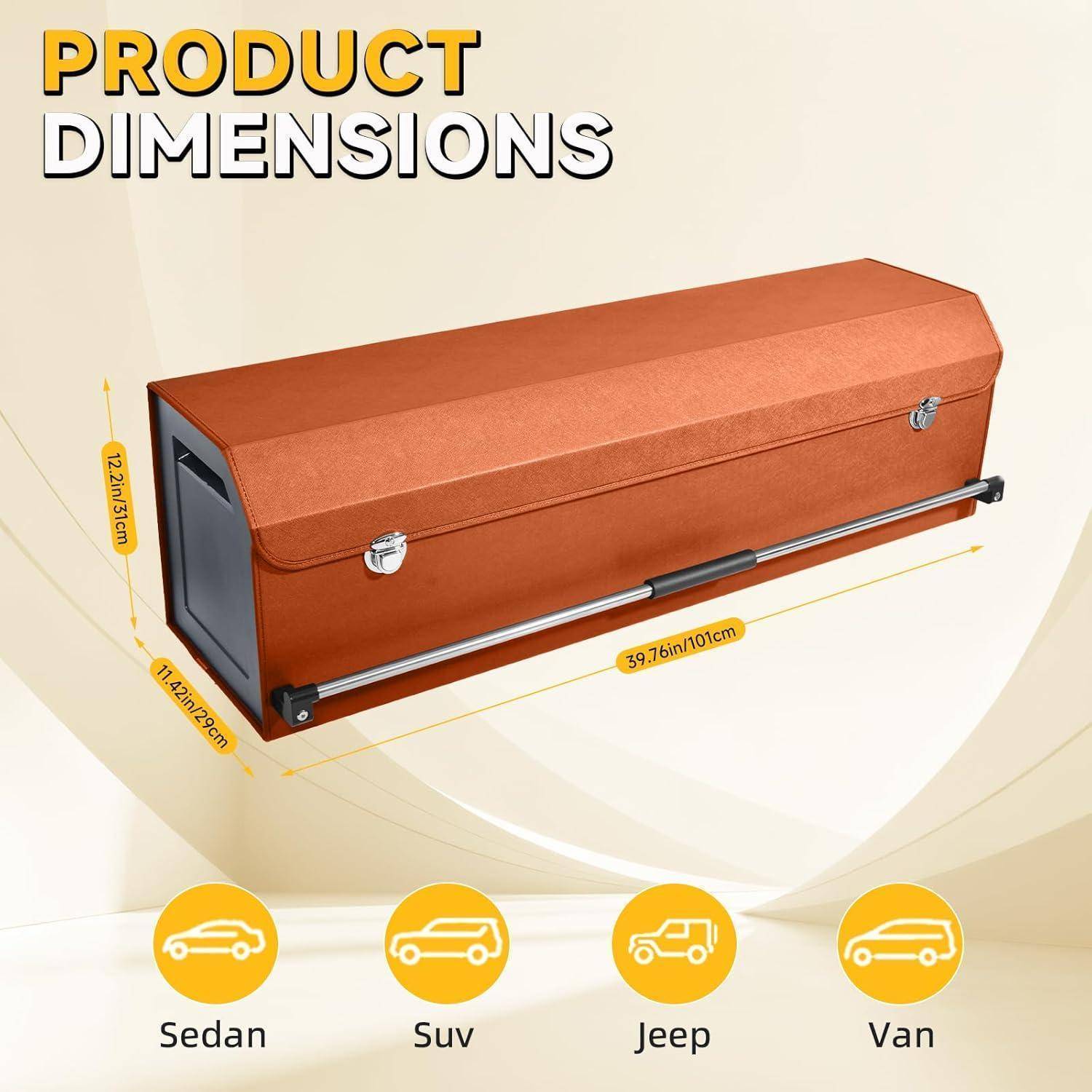 Produktdimensionen-Grafik mit einer Lagerkiste, 39,76 Zoll lang, 12,2 Zoll breit und 12,2 Zoll hoch, geeignet für Limousine, SUV, Jeep und Van.