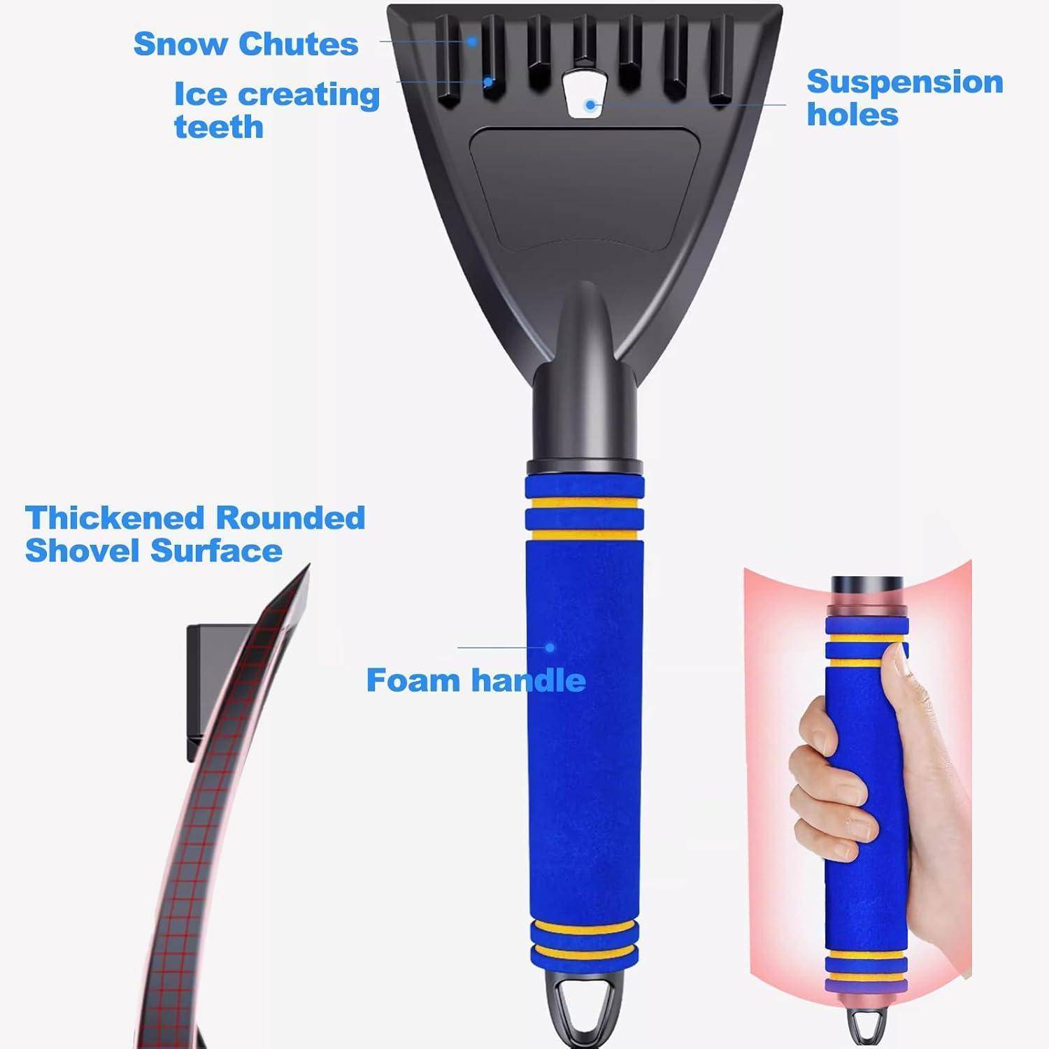 Illustrierte Schneebürste und Eiskratzer mit Schaumstoffgriff, zeigt Schneeschächte, Eiszahn-Kante, Aufhängelöcher, abgerundete Schaufeloberfläche und ergonomisches Griffdesign.