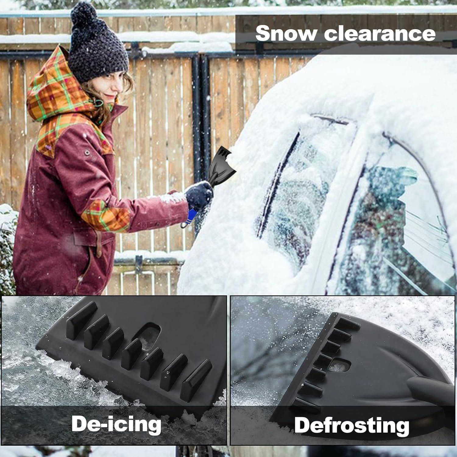Collage mit einer Person, die mit einem Eiskratzer Schnee von einem Autofenster entfernt, plus Nahaufnahmen eines Eiskratzers zum Enteisen und Abtauen.