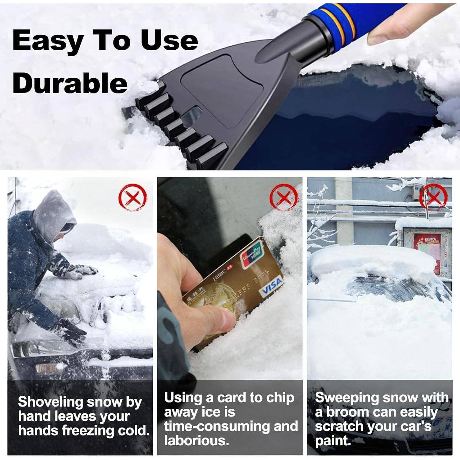 Werbegrafik für einen Schnee-/Eiskratzer mit einem tragbaren Kratzer, der Schnee von einer Windschutzscheibe entfernt, mit dem Text „Einfach zu bedienen Langlebig
