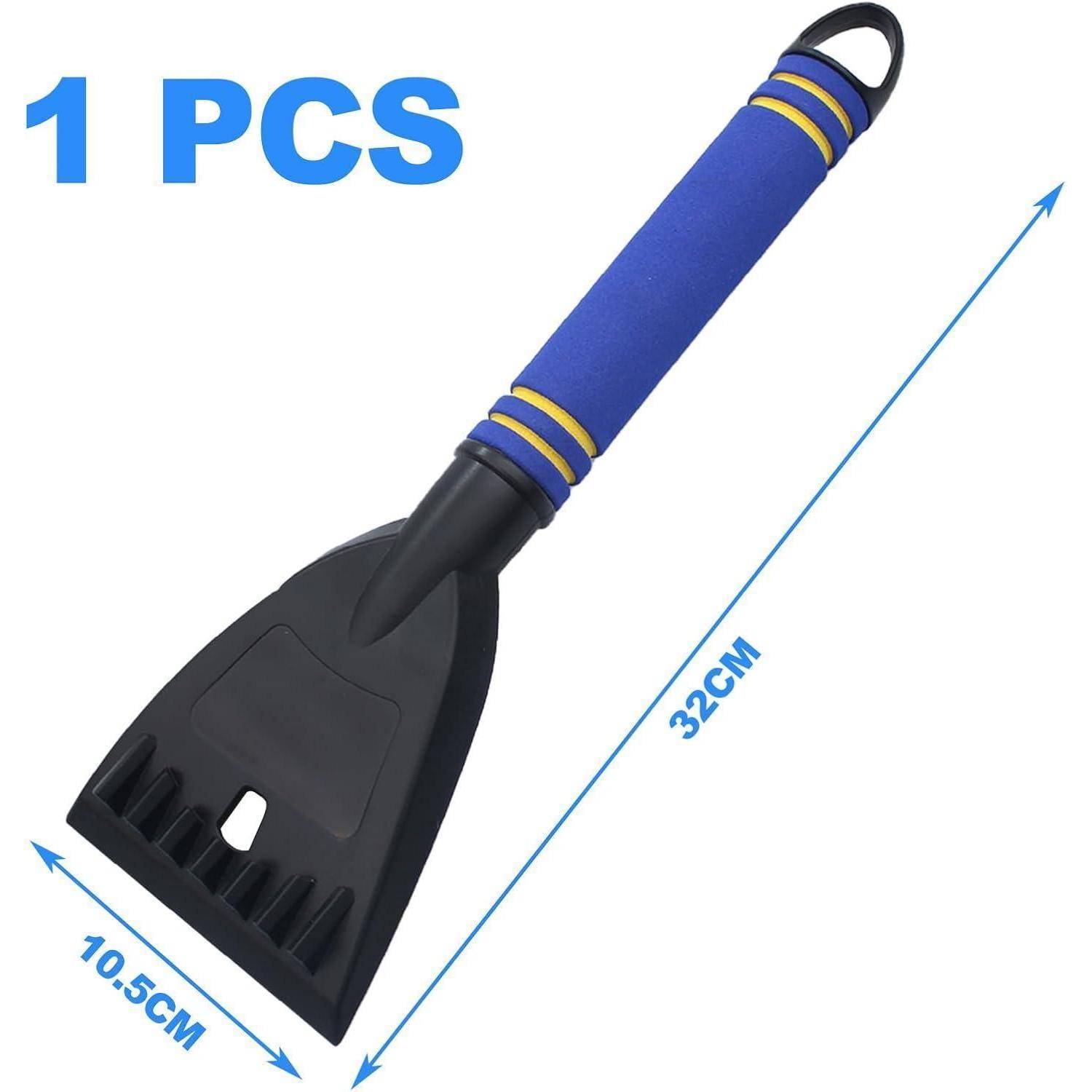 Ein Eiskratzer für Autos mit blauem Griff und schwarzer Klinge; gekennzeichnet mit „1 STÜCK
