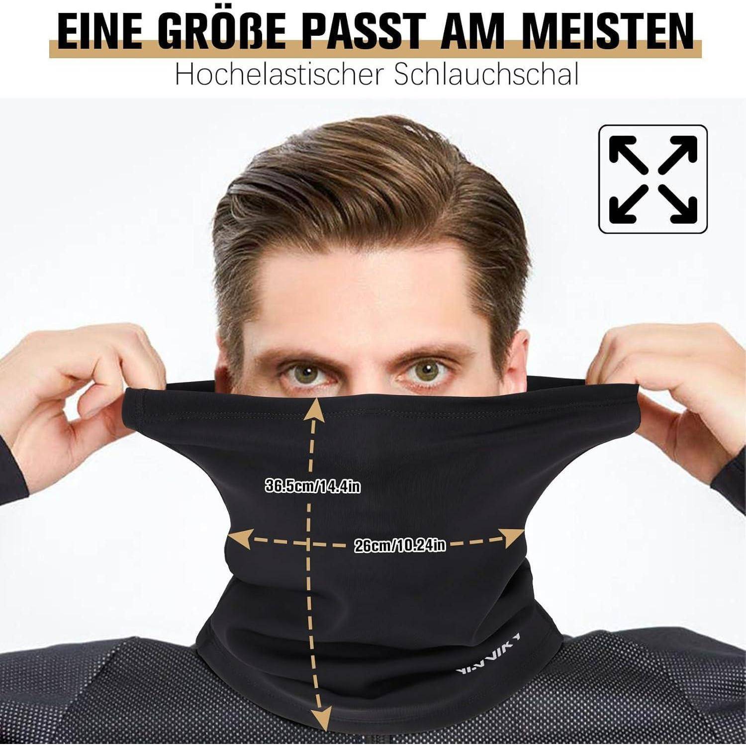 Person trägt einen schwarzen elastischen Nackenträger als Gesichtsmaske, gezeigt gestreckt, um Größe und Passung hervorzuheben; der Text besagt „Eine Größe passt am meisten" und „Hochelastischer Schlauchschal"".