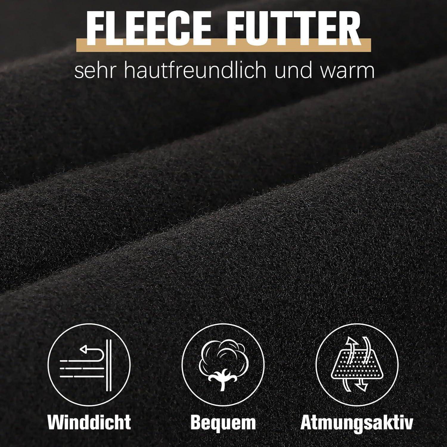 Schwarzes Fleecestoff-Nahaufnahme mit deutschem Text „FLEECE FUTTER